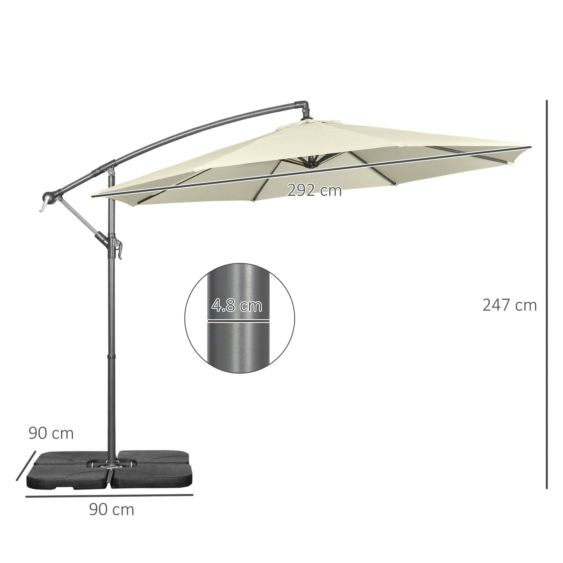 Offset Umbrella Ø3x2.5 m with Cross Base, Weights, and Crank, Metal and Polyester Cantilever Umbrella 180 g/㎡ with 6 Ribs, UV Protection, Beige