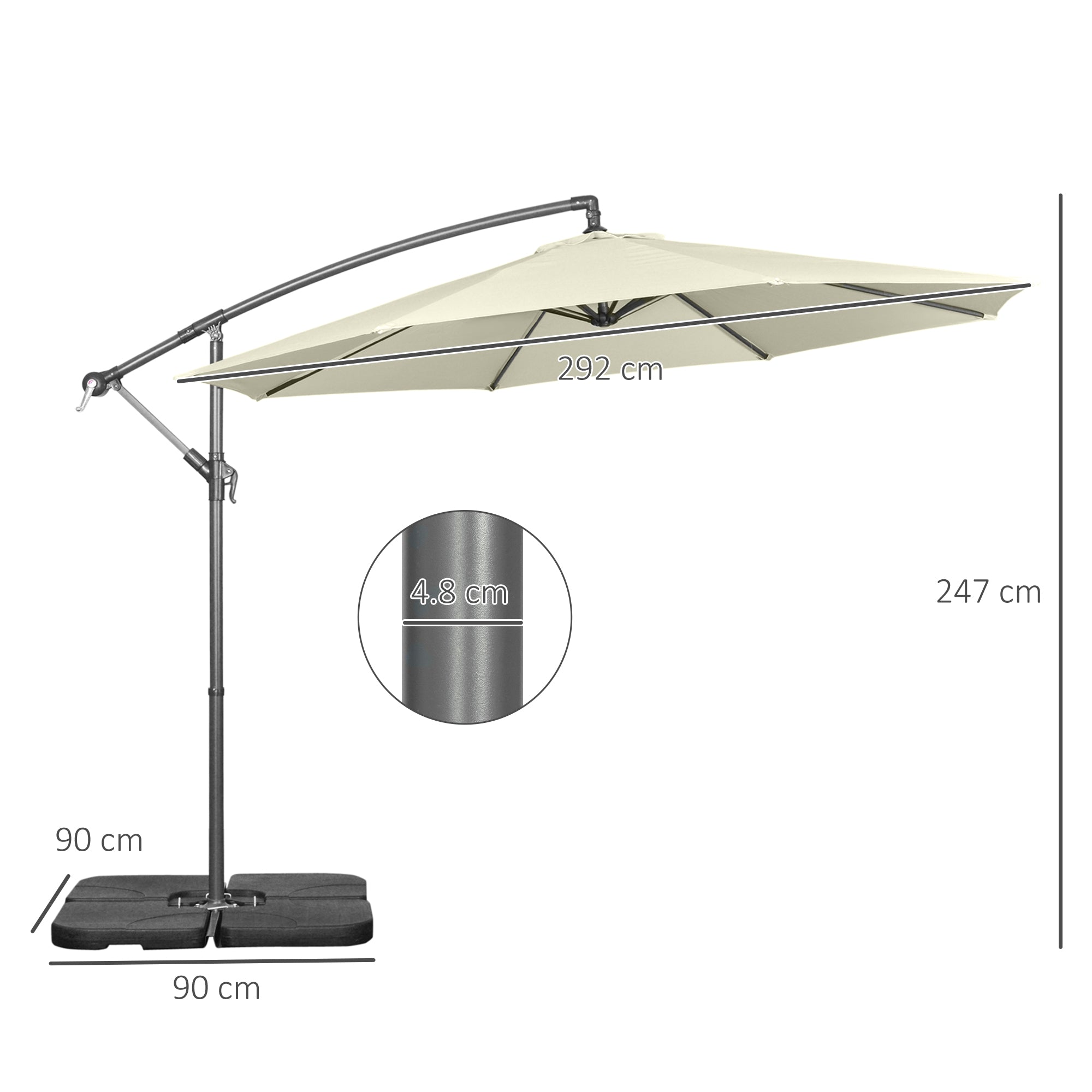 Offset Umbrella Ø3x2.5 m with Cross Base, Weights, and Crank, Metal and Polyester Cantilever Umbrella 180 g/㎡ with 6 Ribs, UV Protection, Beige