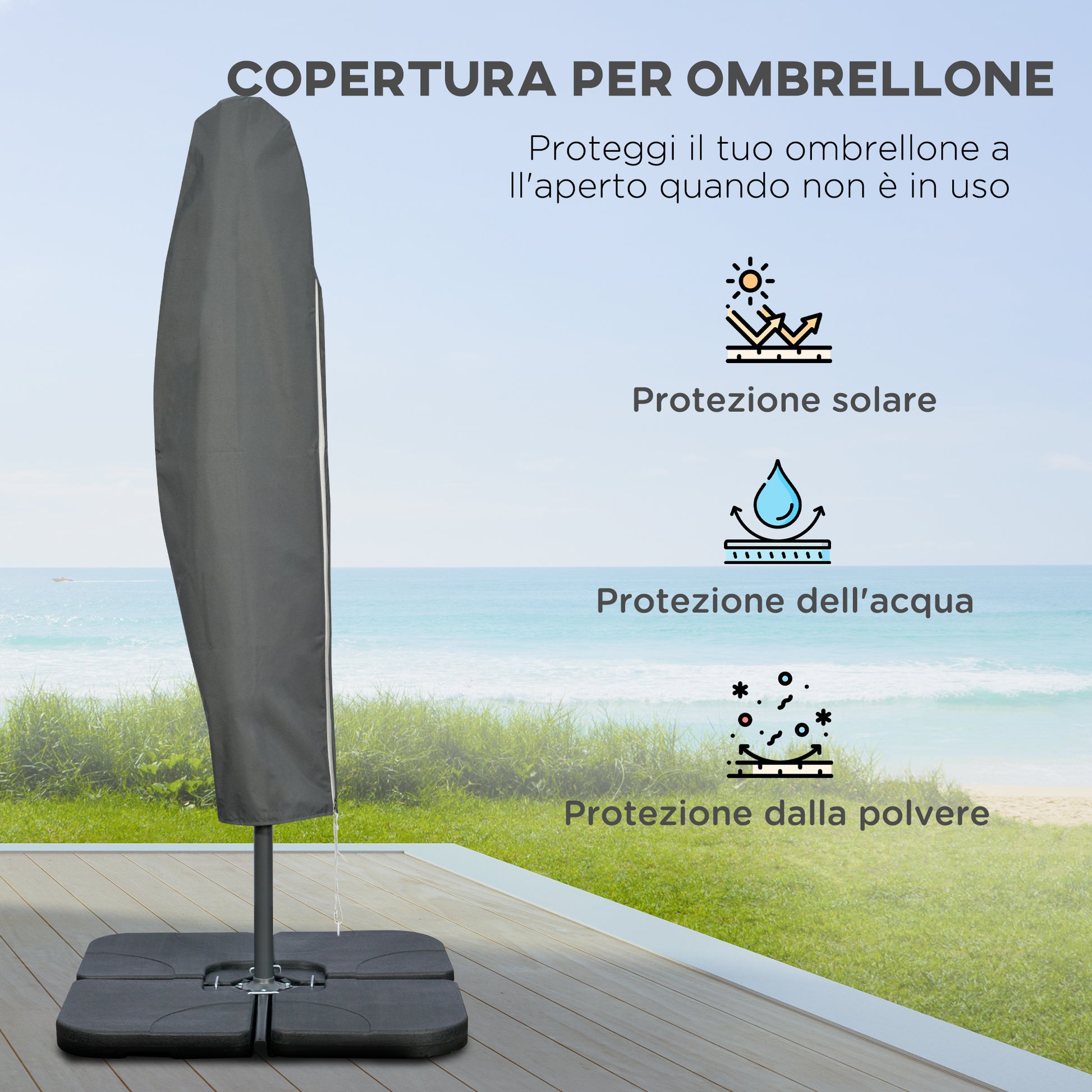 Offset Umbrella Ø3x2.5 m with Cross Base, Weights, and Crank, Metal and Polyester Cantilever Umbrella 180 g/㎡ with 6 Ribs, UV Protection, Beige