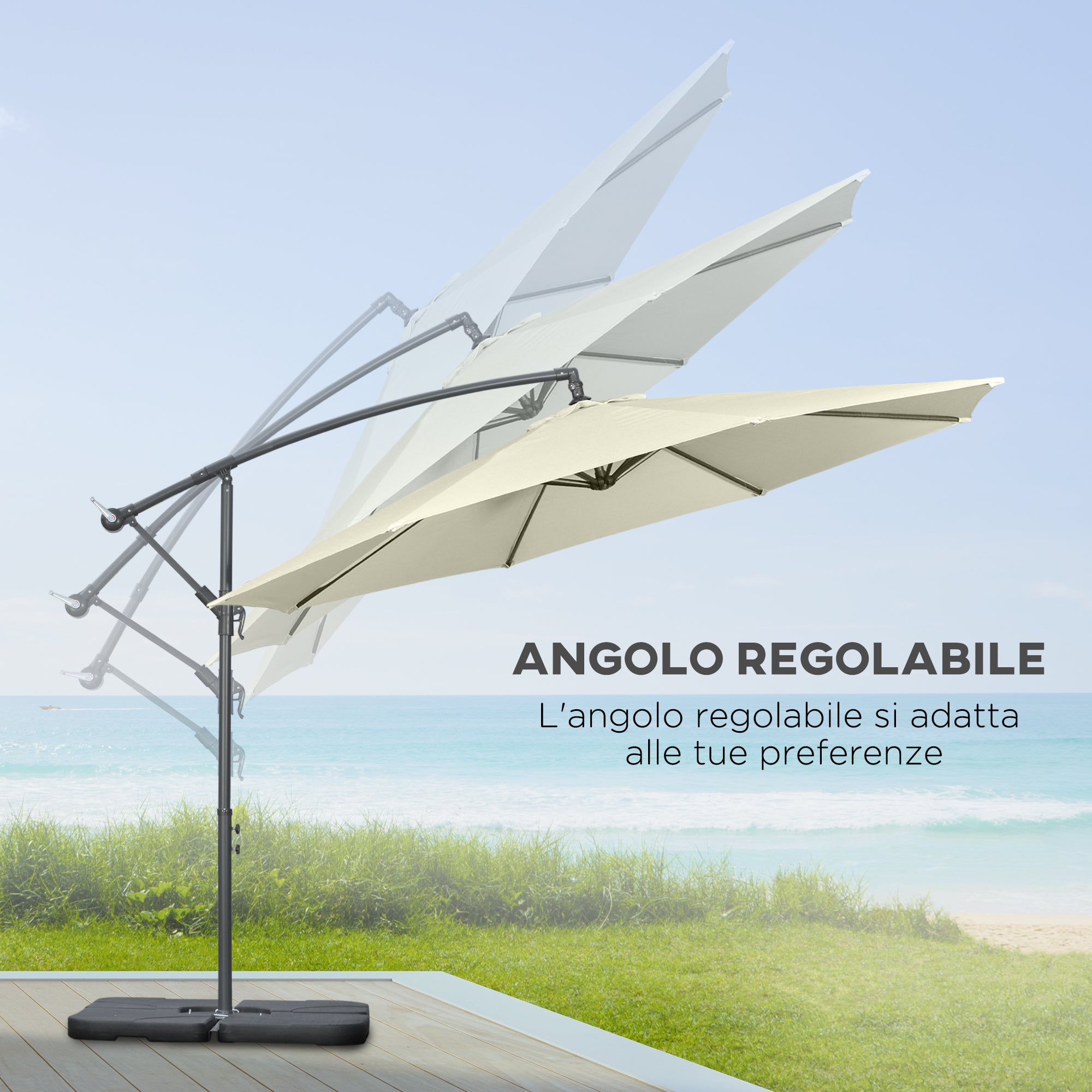 Offset Umbrella Ø3x2.5 m with Cross Base, Weights, and Crank, Metal and Polyester Cantilever Umbrella 180 g/㎡ with 6 Ribs, UV Protection, Beige