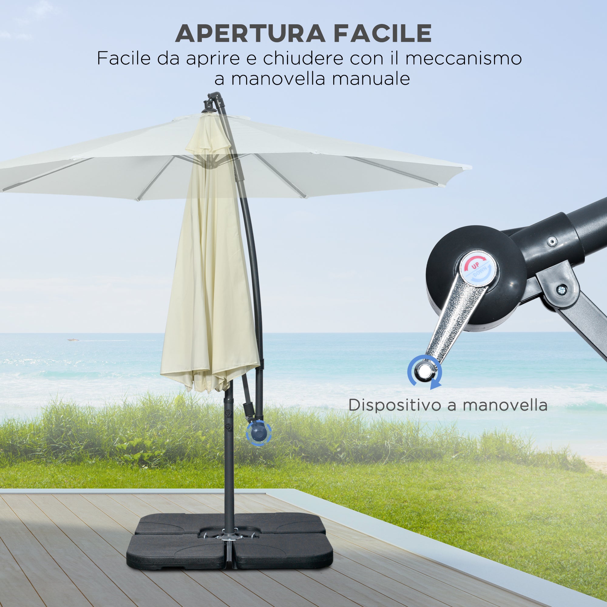 Offset Umbrella Ø3x2.5 m with Cross Base, Weights, and Crank, Metal and Polyester Cantilever Umbrella 180 g/㎡ with 6 Ribs, UV Protection, Beige