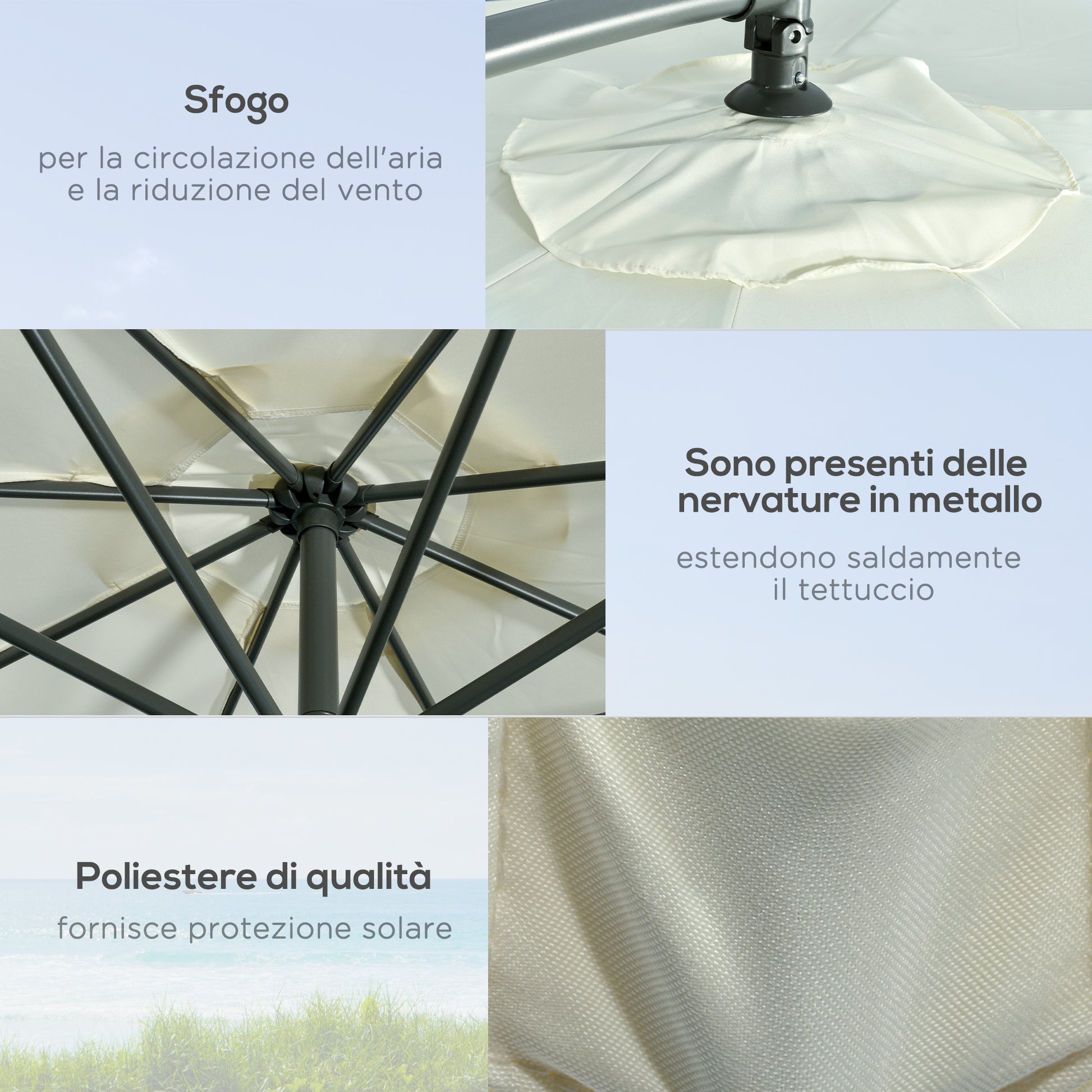 Offset Umbrella Ø3x2.5 m with Cross Base, Weights, and Crank, Metal and Polyester Cantilever Umbrella 180 g/㎡ with 6 Ribs, UV Protection, Beige