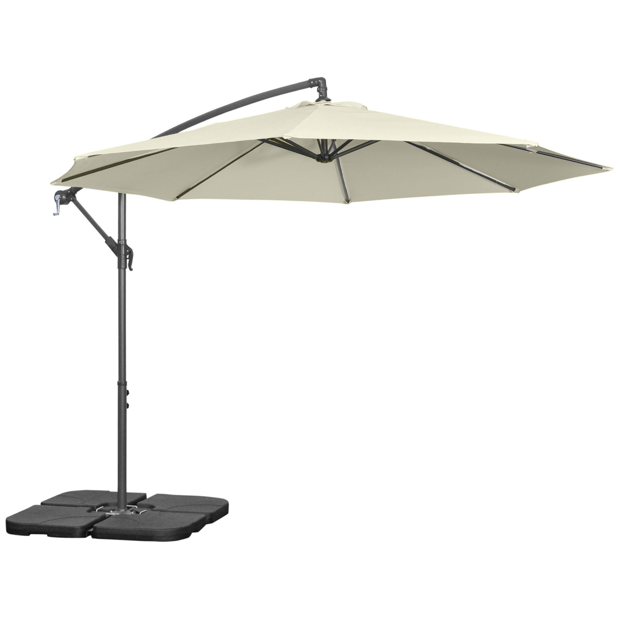 Offset Umbrella Ø3x2.5 m with Cross Base, Weights, and Crank, Metal and Polyester Cantilever Umbrella 180 g/㎡ with 6 Ribs, UV Protection, Beige
