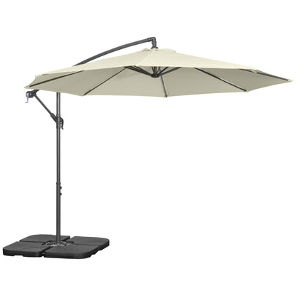 Offset Umbrella Ø3x2.5 m with Cross Base, Weights, and Crank, Metal and Polyester Cantilever Umbrella 180 g/㎡ with 6 Ribs, UV Protection, Beige