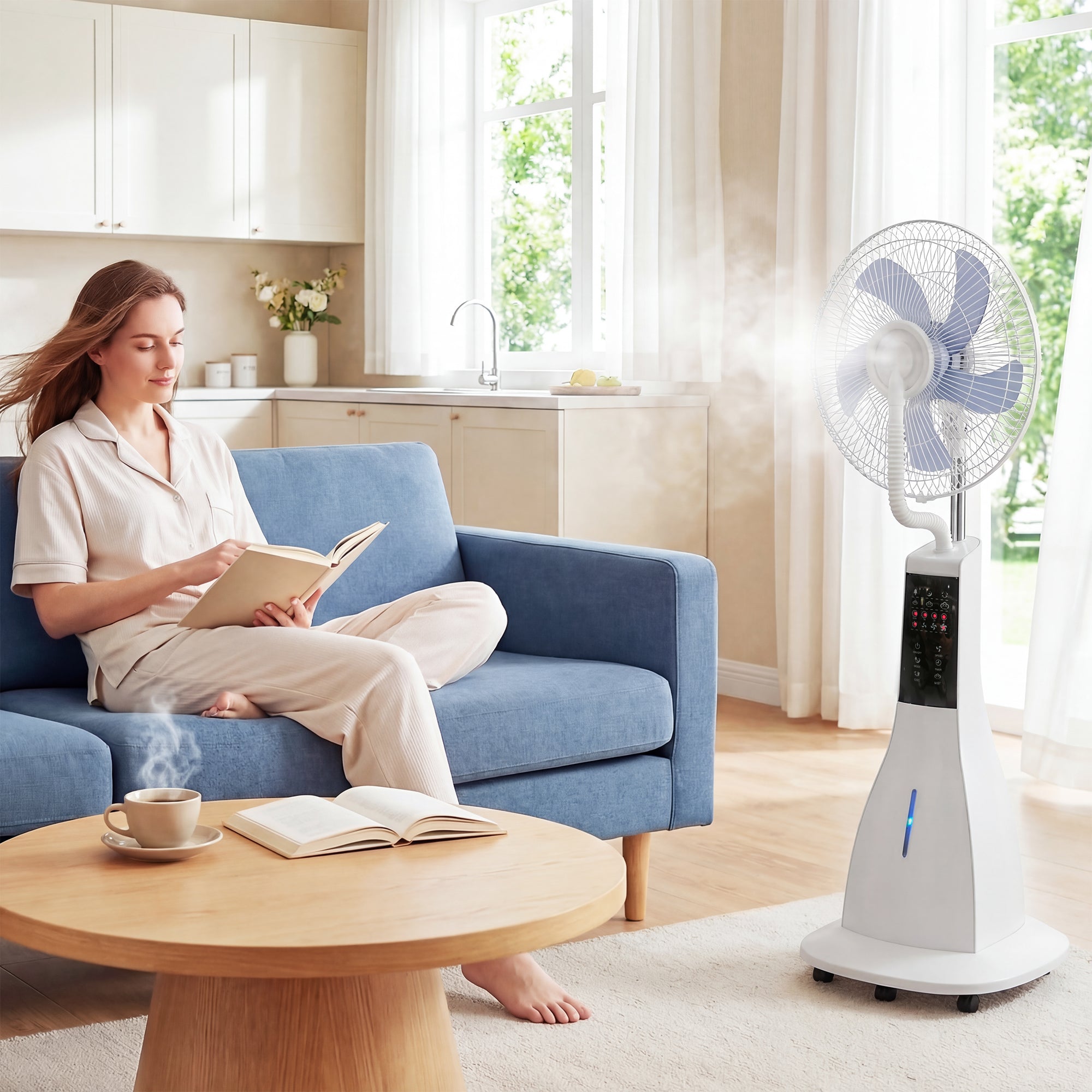 Misting Pedestal Fan, 90W — 75° Oscillation, 3 Speeds, 5-Blade, 3 Modes, 3L Water Tank, 7.5h Timer, Remote Control, 5 Wheels, White