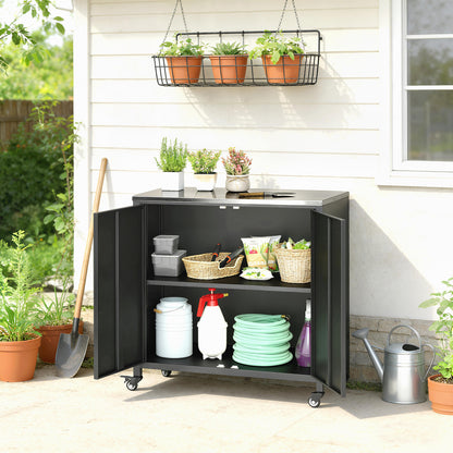 Potting Bench with Cabinet — Metal Outdoor Garden Cabinet with Stainless-Steel Worktop, Removable Shelf, Magnetic Double Doors, Locking Casters — 31.5 x 19.7 x 35.4 in (80 x 50 x 90 cm)
