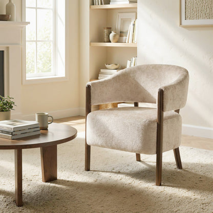 Chenille-Style Lounge Armchair with Wooden Legs, Modern Upholstered Accent Chair for Living Room & Bedroom, Beige