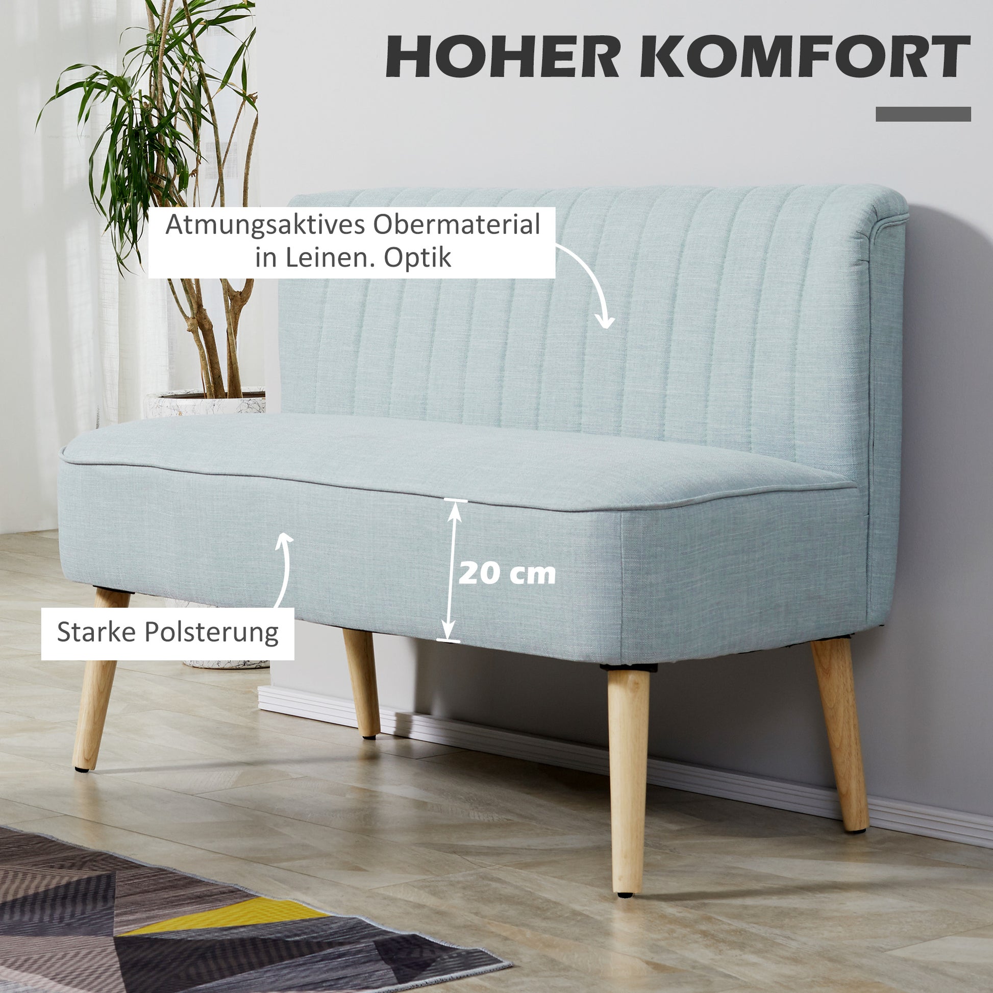 2-Seater Fabric Sofa Upholstered Sofa Double Sofa Retro Look Seat Furniture Lounge Sofa Wooden Frame Light Green 117 x 56.5 x 77 cm
