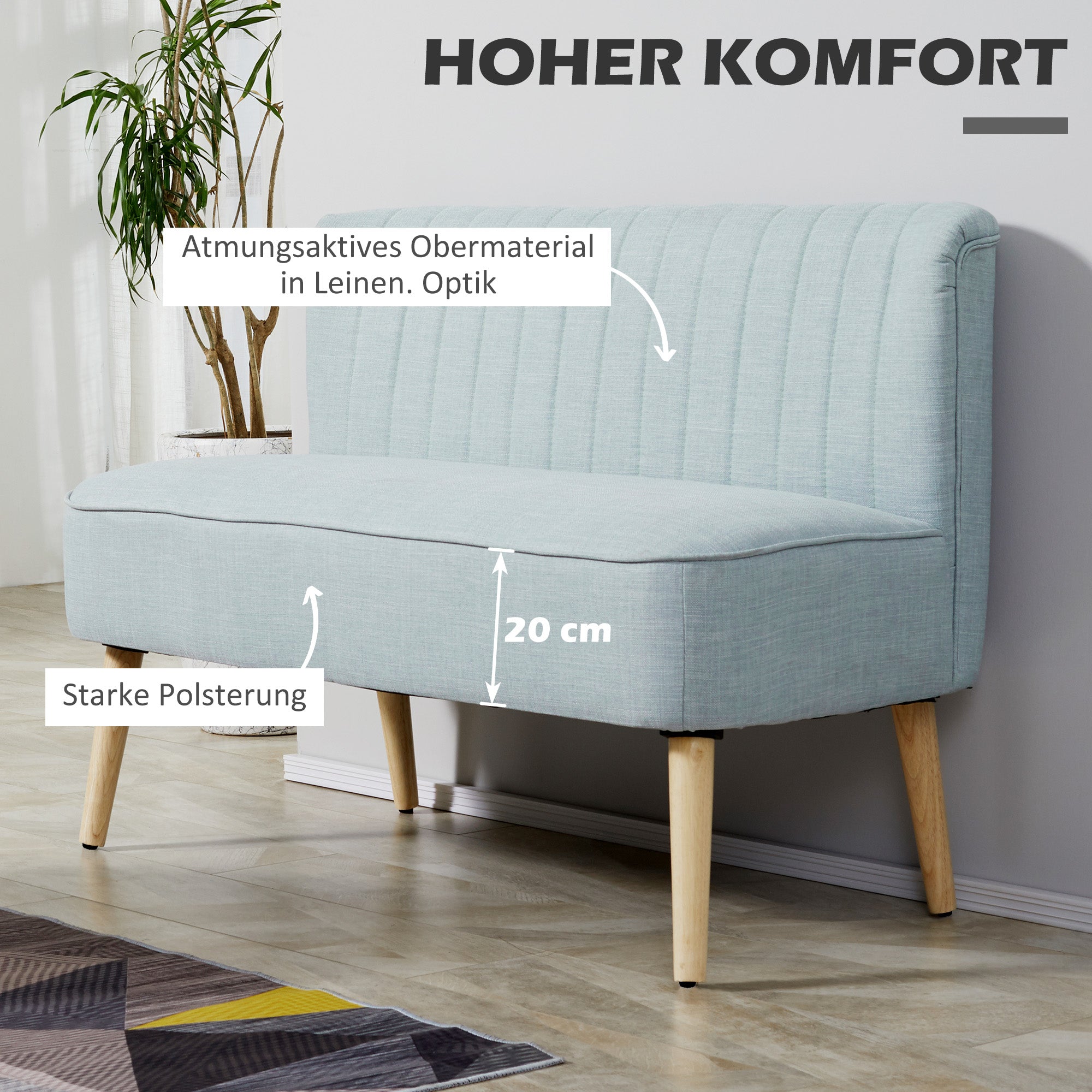 2-Seater Fabric Sofa Upholstered Sofa Double Sofa Retro Look Seat Furniture Lounge Sofa Wooden Frame Light Green 117 x 56.5 x 77 cm