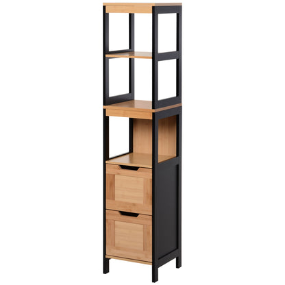Bathroom Auxiliary Column Cabinet with 3 Shelves and 2 Drawers Modern Style 30x30x144.3 cm Black and Natural