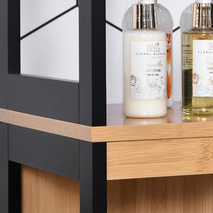 Bathroom Auxiliary Column Cabinet with 3 Shelves and 2 Drawers Modern Style 30x30x144.3 cm Black and Natural