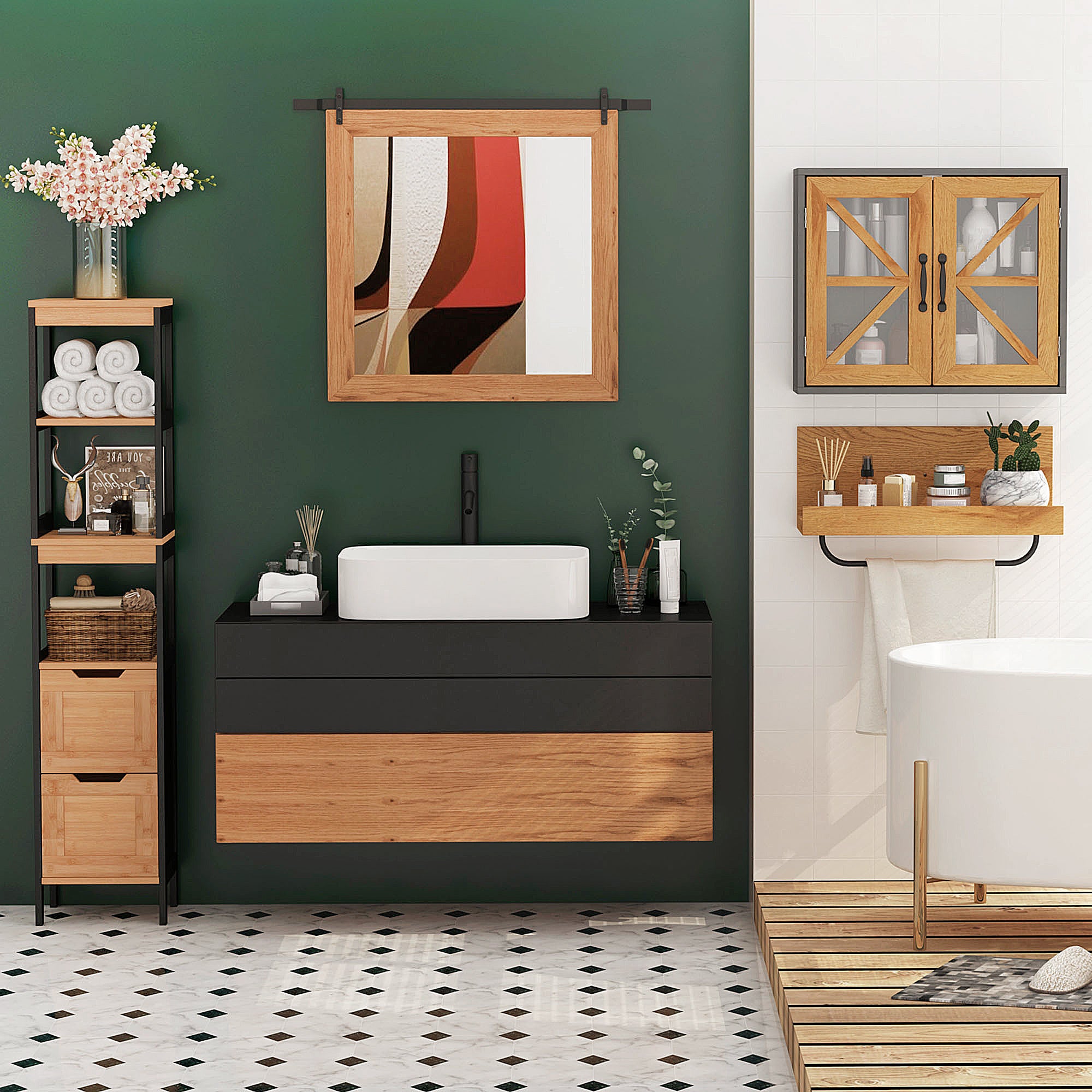 Bathroom Auxiliary Column Cabinet with 3 Shelves and 2 Drawers Modern Style 30x30x144.3 cm Black and Natural