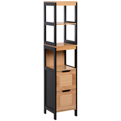Bathroom Auxiliary Column Cabinet with 3 Shelves and 2 Drawers Modern Style 30x30x144.3 cm Black and Natural