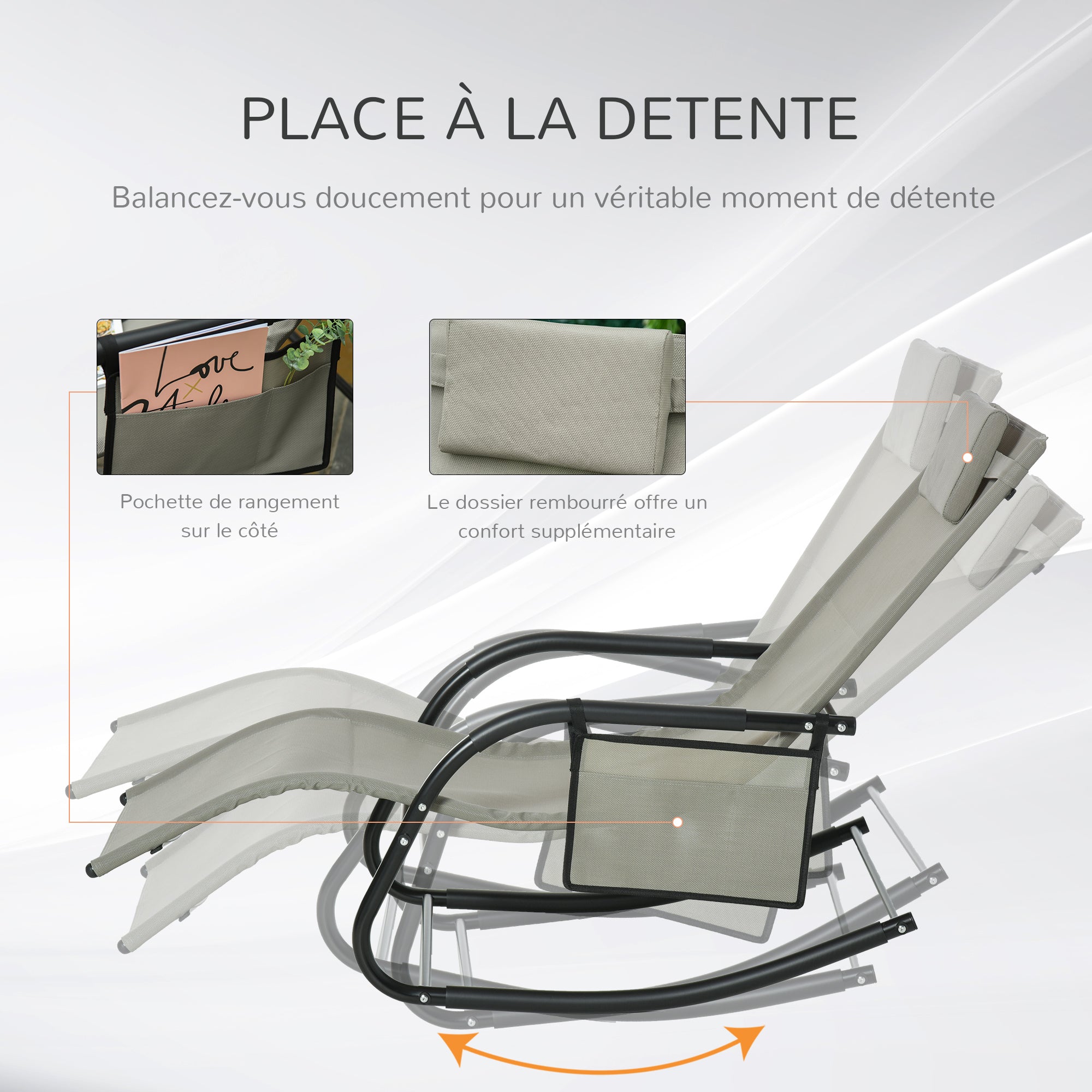 Rocking Chair Ergonomic Rocking Chair - Removable Headrest, Armrests, Storage Pocket - Light Grey Metal Epoxy Textilene