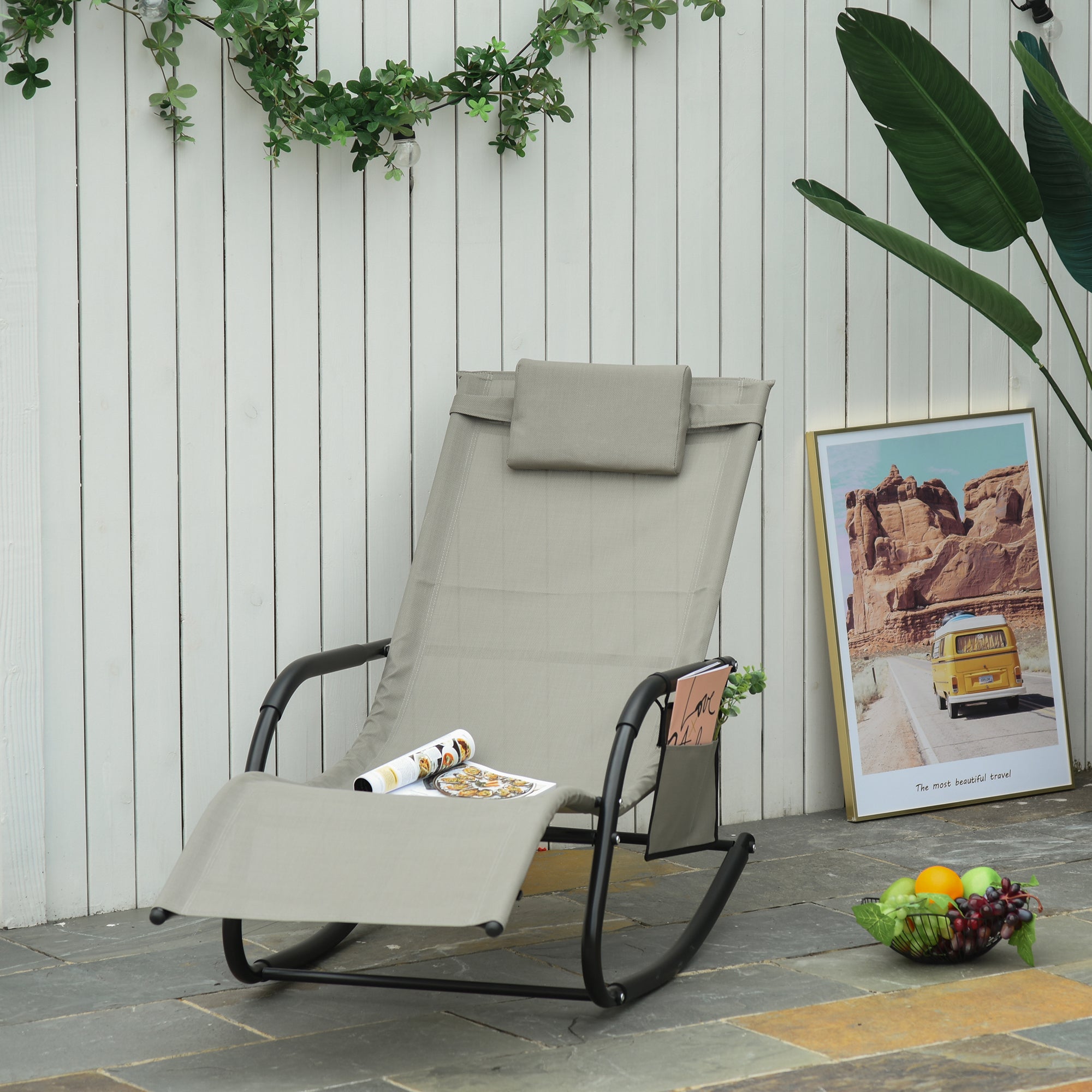 Rocking Chair Ergonomic Rocking Chair - Removable Headrest, Armrests, Storage Pocket - Light Grey Metal Epoxy Textilene