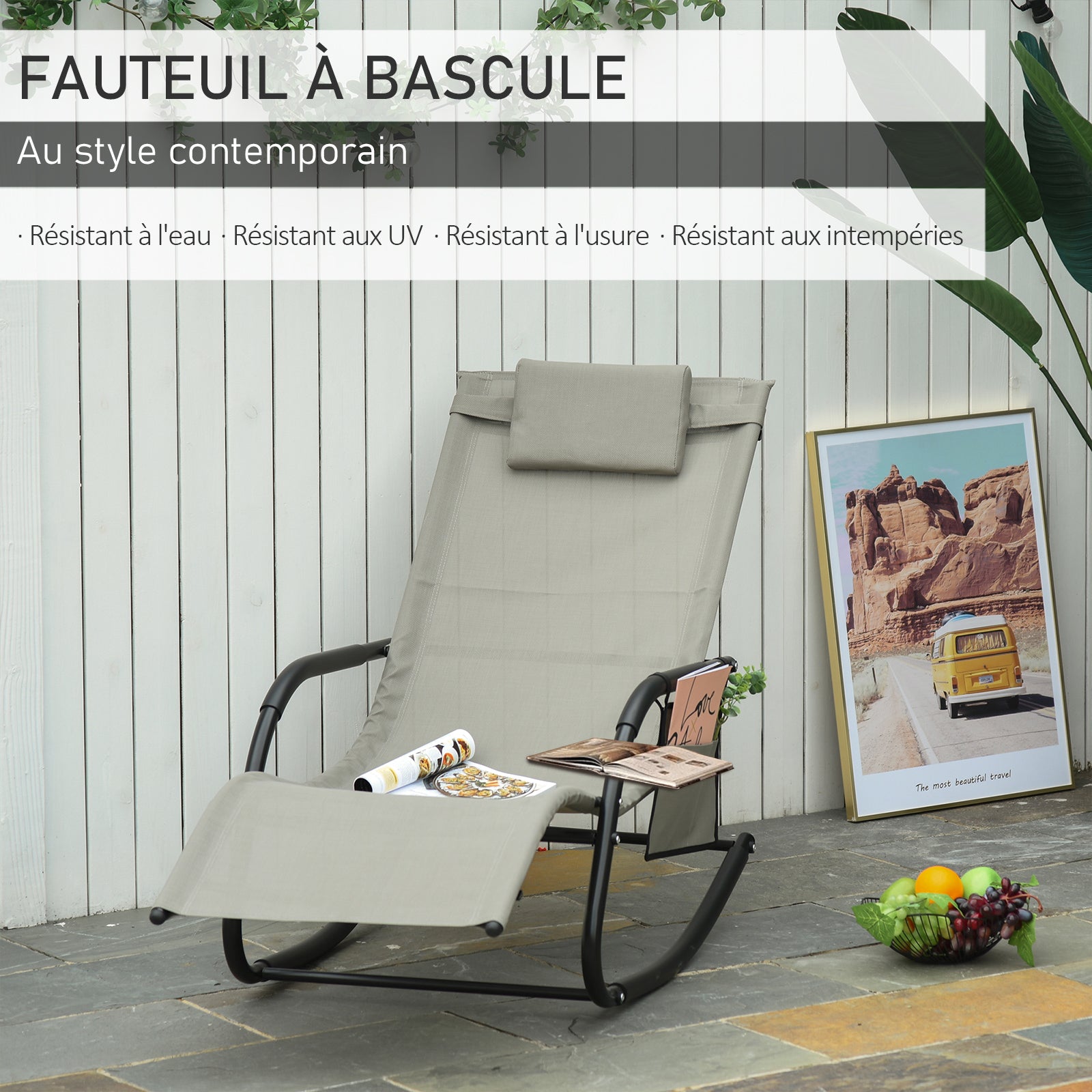 Rocking Chair Ergonomic Rocking Chair - Removable Headrest, Armrests, Storage Pocket - Light Grey Metal Epoxy Textilene