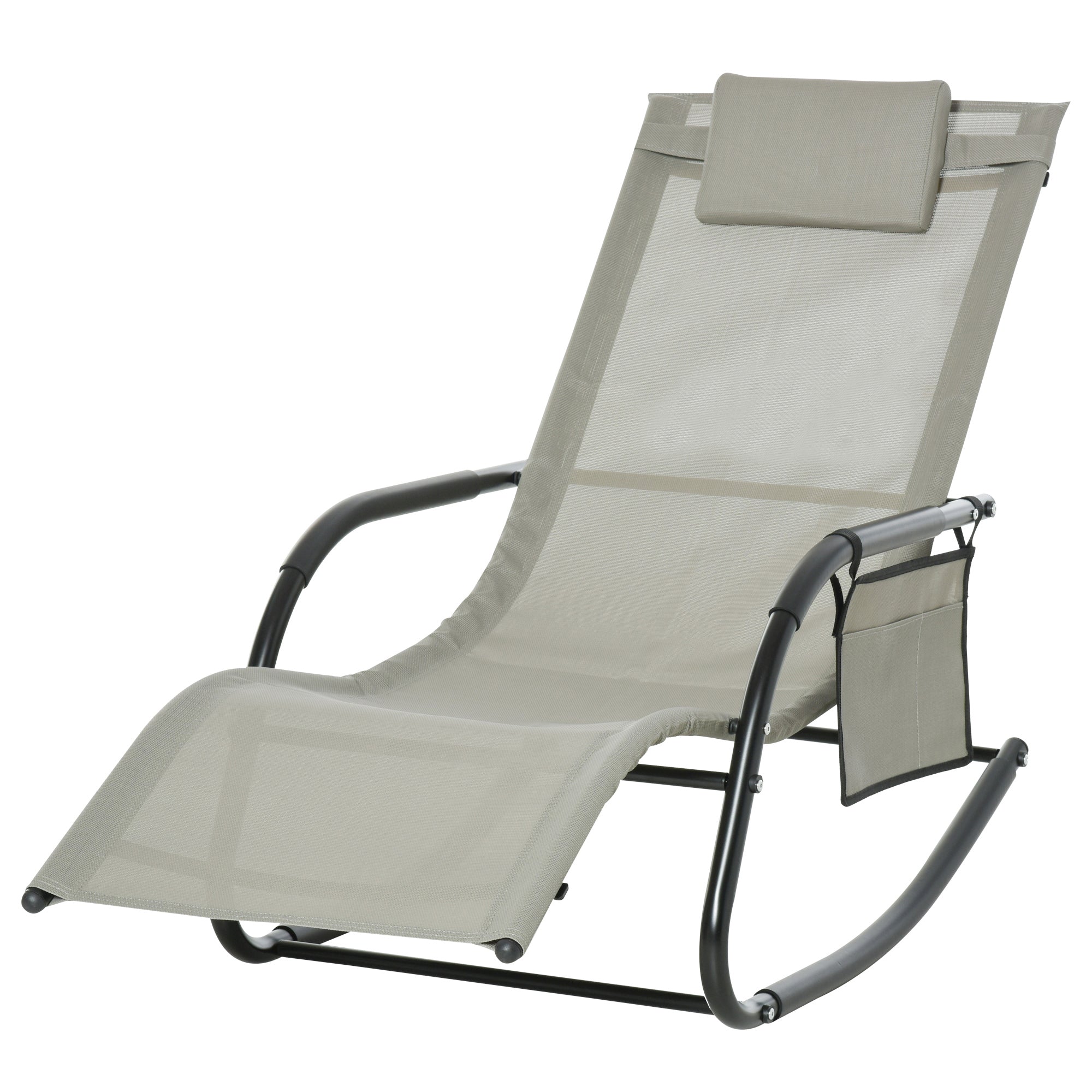 Rocking Chair Ergonomic Rocking Chair - Removable Headrest, Armrests, Storage Pocket - Light Grey Metal Epoxy Textilene