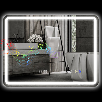 Bathroom Mirror with LED Light 80x60 cm Bluetooth Wall Mirror with 3 Light Colors Digital Clock Anti-Fog Function Memory Function Touch Switch IP44