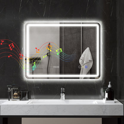 Bathroom Mirror with LED Light 80x60 cm Bluetooth Wall Mirror with 3 Light Colors Digital Clock Anti-Fog Function Memory Function Touch Switch IP44