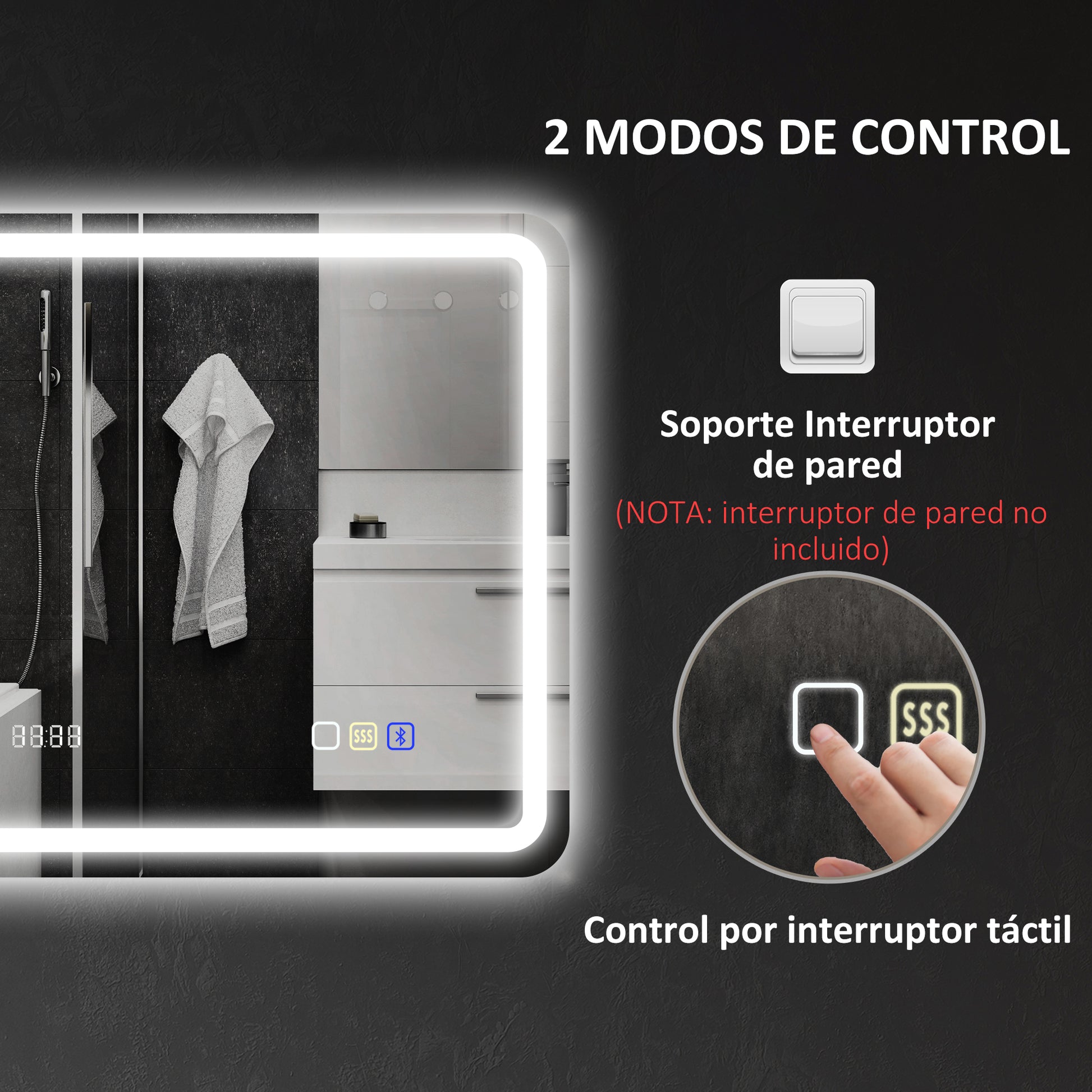 Bathroom Mirror with LED Light 80x60 cm Bluetooth Wall Mirror with 3 Light Colors Digital Clock Anti-Fog Function Memory Function Touch Switch IP44