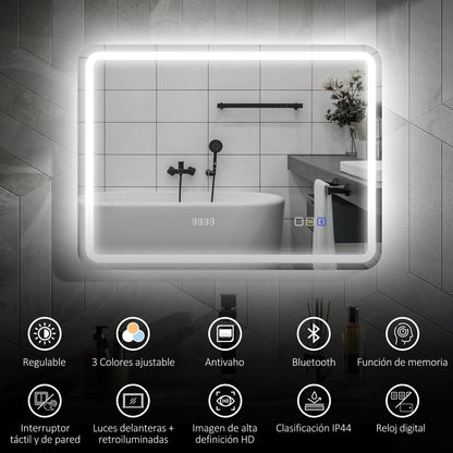 Bathroom Mirror with LED Light 80x60 cm Bluetooth Wall Mirror with 3 Light Colors Digital Clock Anti-Fog Function Memory Function Touch Switch IP44