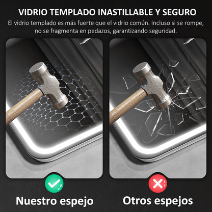 Bathroom Mirror with LED Light 80x60 cm Bluetooth Wall Mirror with 3 Light Colors Digital Clock Anti-Fog Function Memory Function Touch Switch IP44