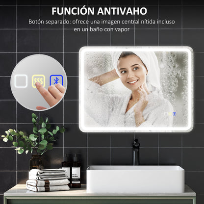 Bathroom Mirror with LED Light 80x60 cm Bluetooth Wall Mirror with 3 Light Colors Digital Clock Anti-Fog Function Memory Function Touch Switch IP44