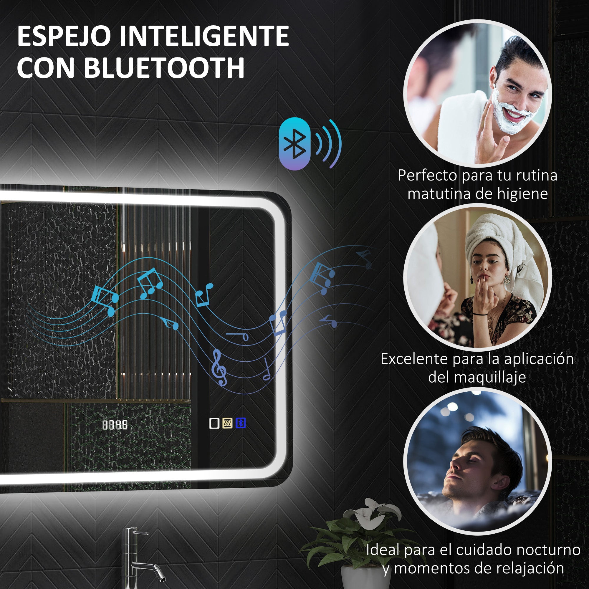 Bathroom Mirror with LED Light 80x60 cm Bluetooth Wall Mirror with 3 Light Colors Digital Clock Anti-Fog Function Memory Function Touch Switch IP44