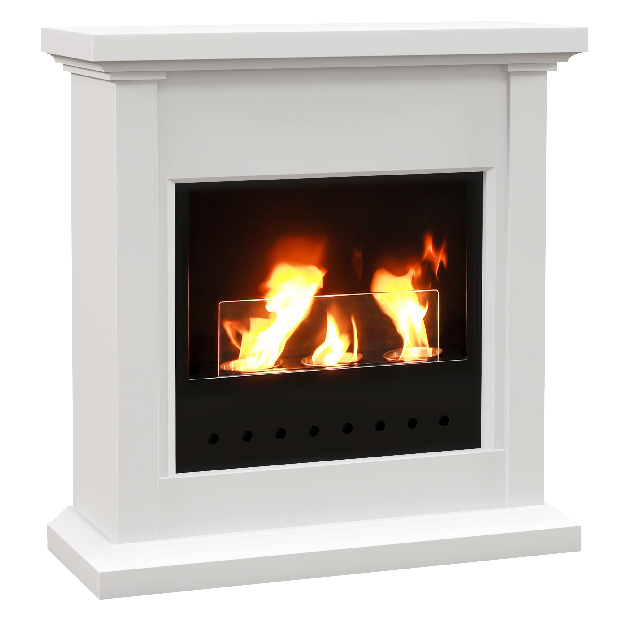 Bioethanol Fireplace with Frame Freestanding Bioethanol Stove with 1.2 L Stainless Steel Flame Extinguisher Combustion Time 3H for Indoors 16-18 m² 63.5x24x66 cm White