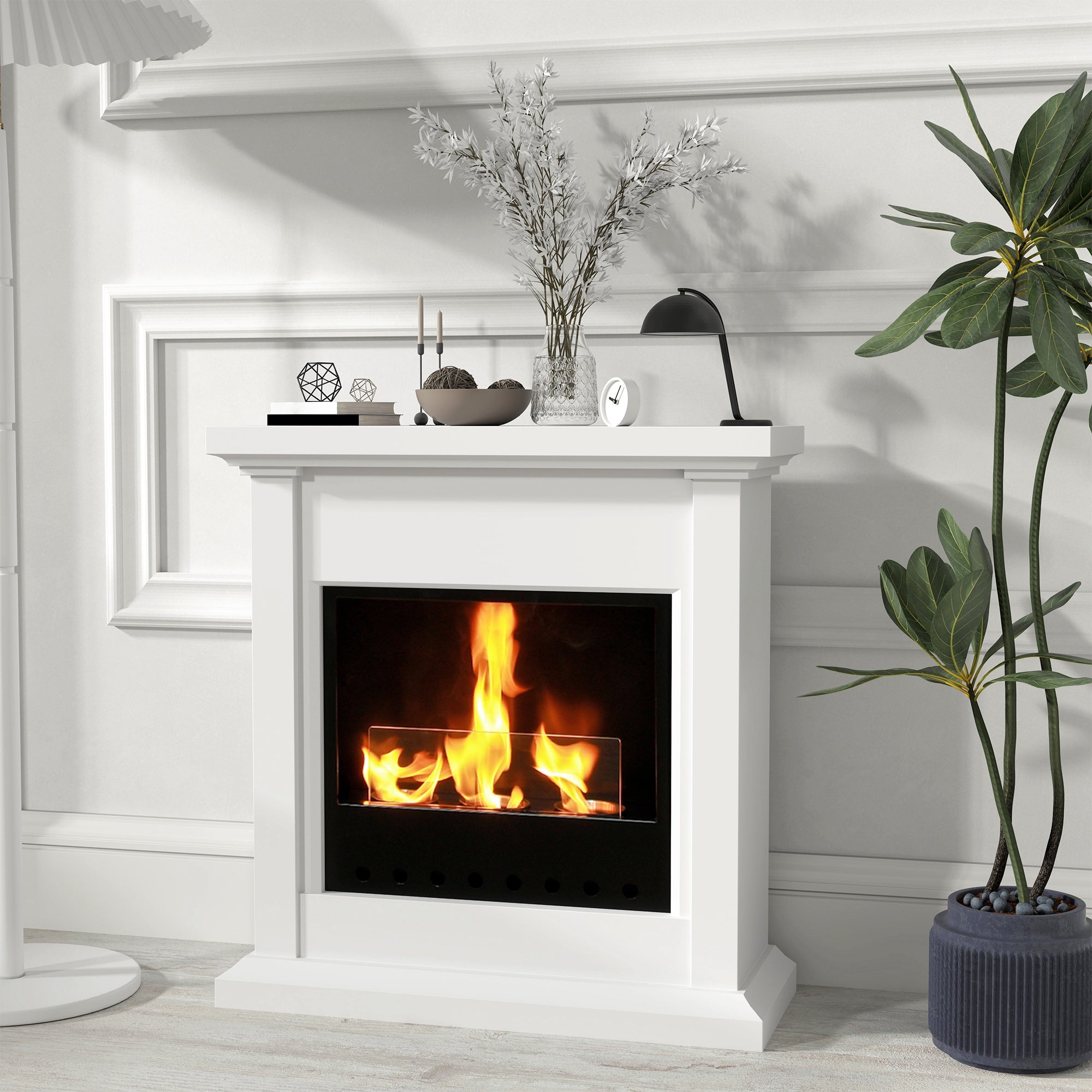 Bioethanol Fireplace with Frame Freestanding Bioethanol Stove with 1.2 L Stainless Steel Flame Extinguisher Combustion Time 3H for Indoors 16-18 m² 63.5x24x66 cm White