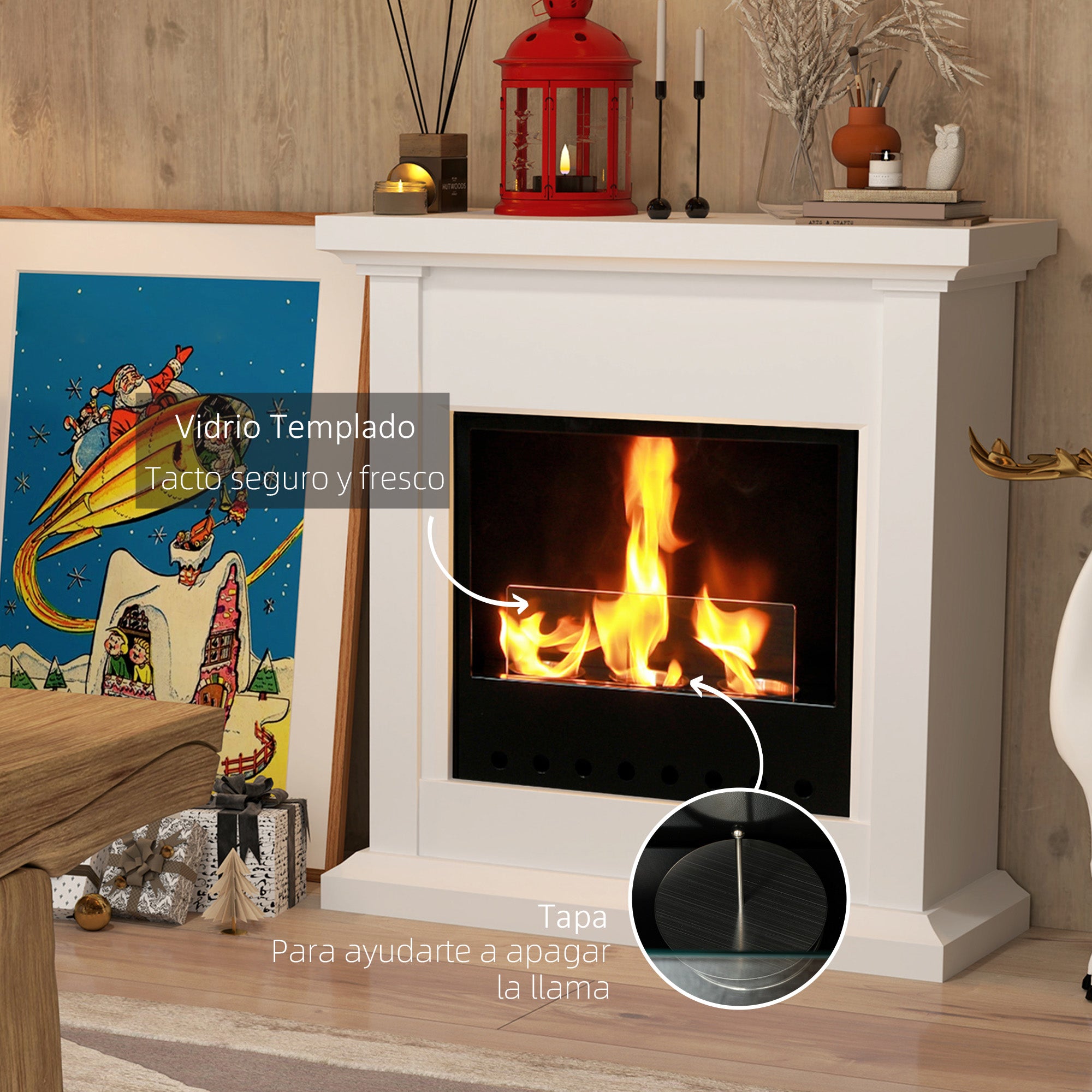 Bioethanol Fireplace with Frame Freestanding Bioethanol Stove with 1.2 L Stainless Steel Flame Extinguisher Combustion Time 3H for Indoors 16-18 m² 63.5x24x66 cm White