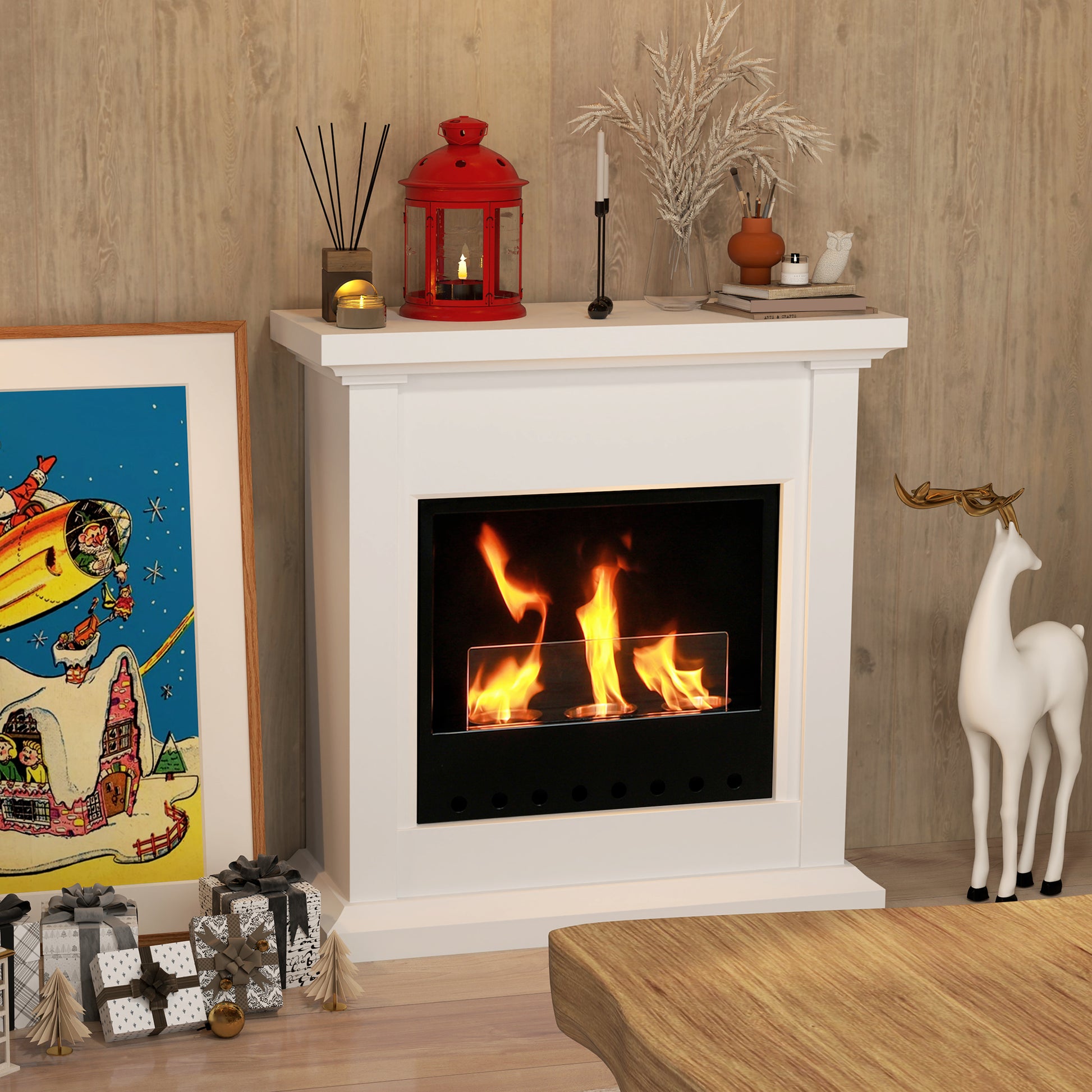 Bioethanol Fireplace with Frame Freestanding Bioethanol Stove with 1.2 L Stainless Steel Flame Extinguisher Combustion Time 3H for Indoors 16-18 m² 63.5x24x66 cm White