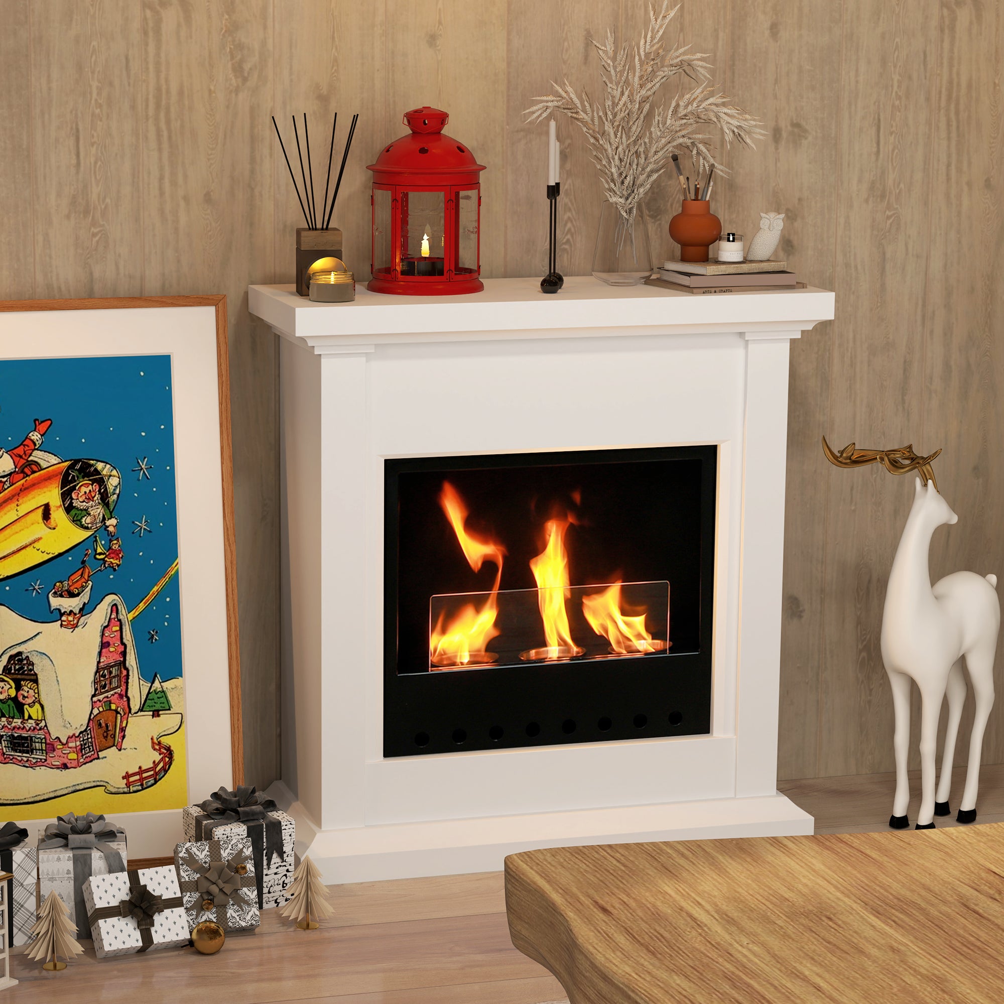 Bioethanol Fireplace with Frame Freestanding Bioethanol Stove with 1.2 L Stainless Steel Flame Extinguisher Combustion Time 3H for Indoors 16-18 m² 63.5x24x66 cm White