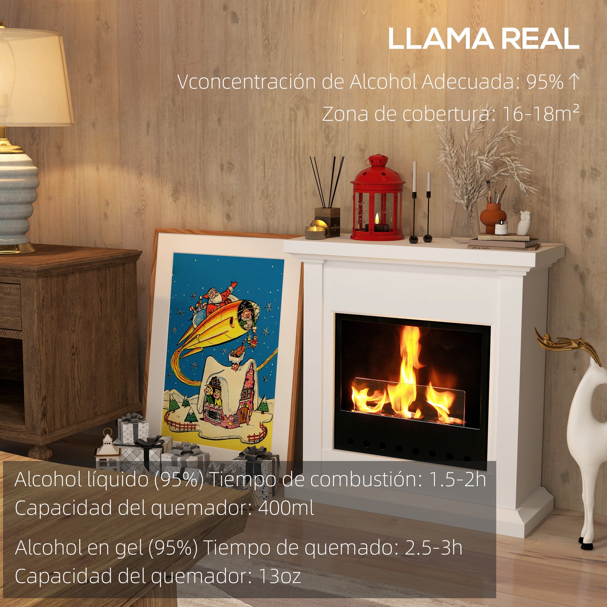 Bioethanol Fireplace with Frame Freestanding Bioethanol Stove with 1.2 L Stainless Steel Flame Extinguisher Combustion Time 3H for Indoors 16-18 m² 63.5x24x66 cm White