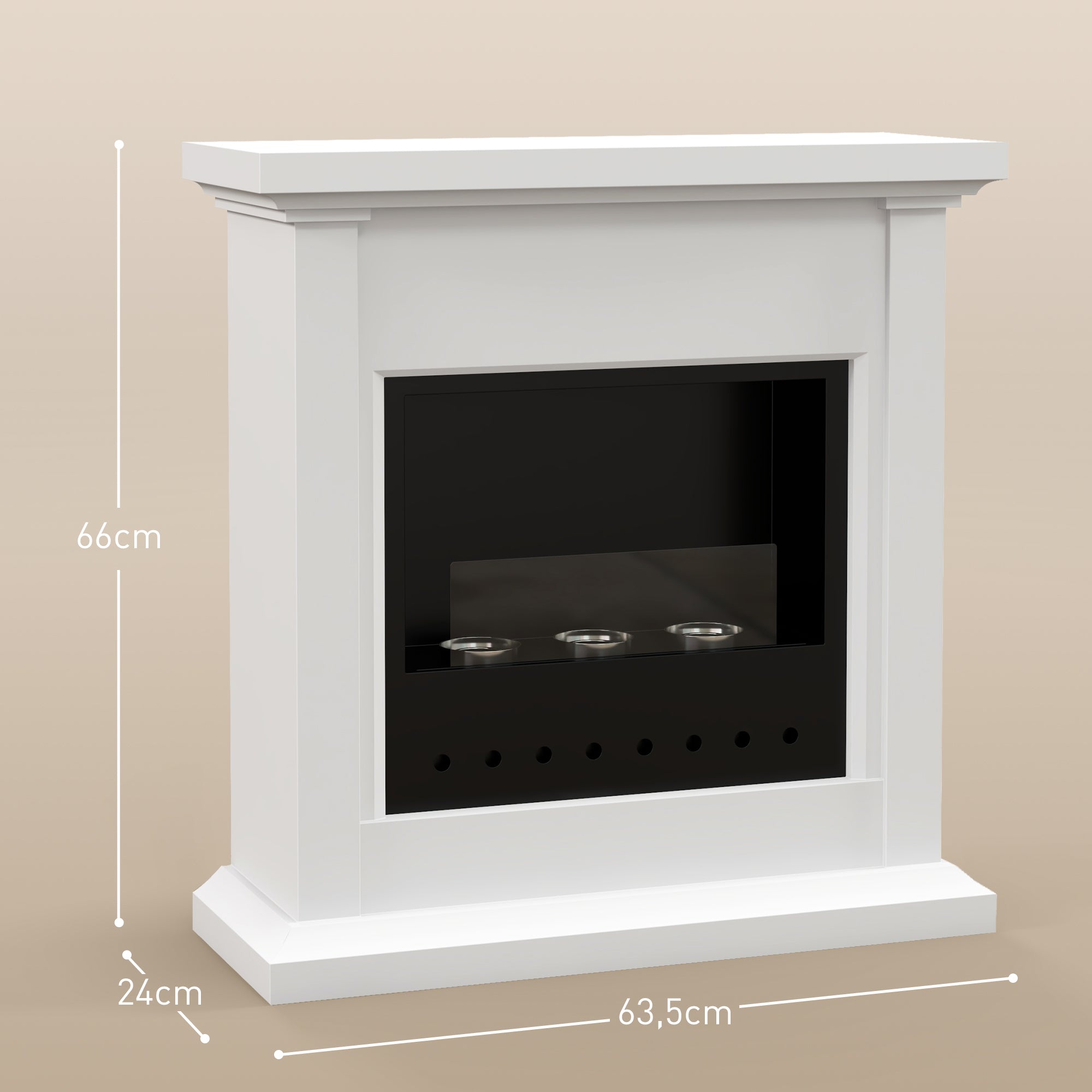 Bioethanol Fireplace with Frame Freestanding Bioethanol Stove with 1.2 L Stainless Steel Flame Extinguisher Combustion Time 3H for Indoors 16-18 m² 63.5x24x66 cm White