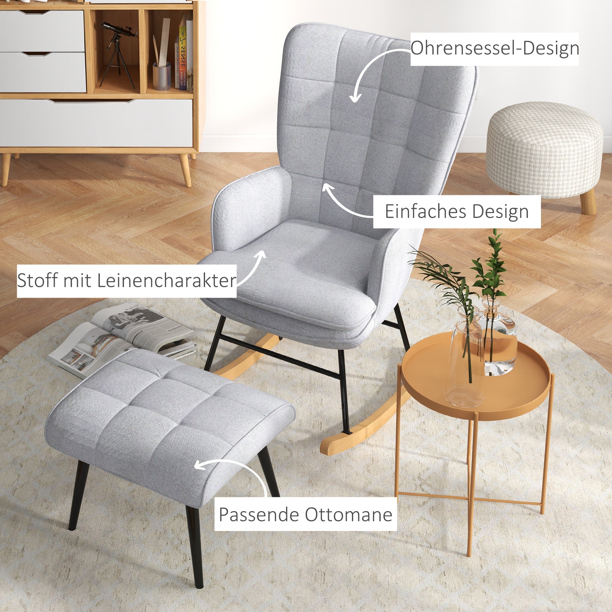 Rocking Chair Rocker with Ottoman, Armchair, Nursing Chair with Linen Look, Rocking Chair up to 130 kg load capacity for Bedroom, Living Room, Light grey