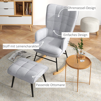 Schaukelstuhl Schwingsessel mit Hocker, Armlehnsessel, Sessel mit Leinenoptik, Schaukelsessel bis 130 kg Belastbarkeit für Schlafzimmer, Wohnzimmer, Hellgrau