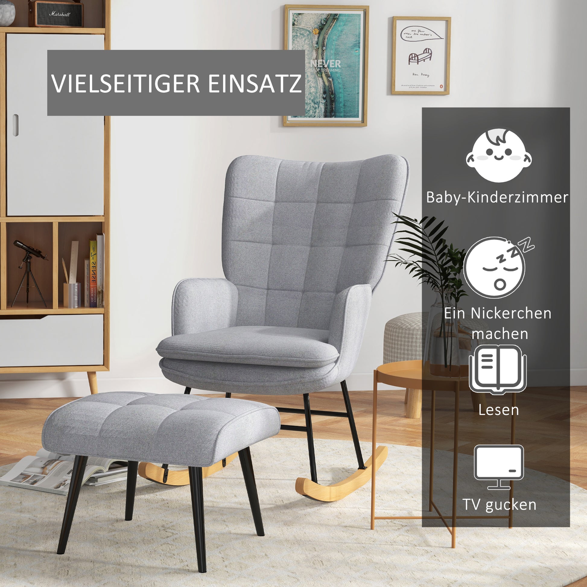 Rocking Chair Rocker with Ottoman, Armchair, Nursing Chair with Linen Look, Rocking Chair up to 130 kg load capacity for Bedroom, Living Room, Light grey