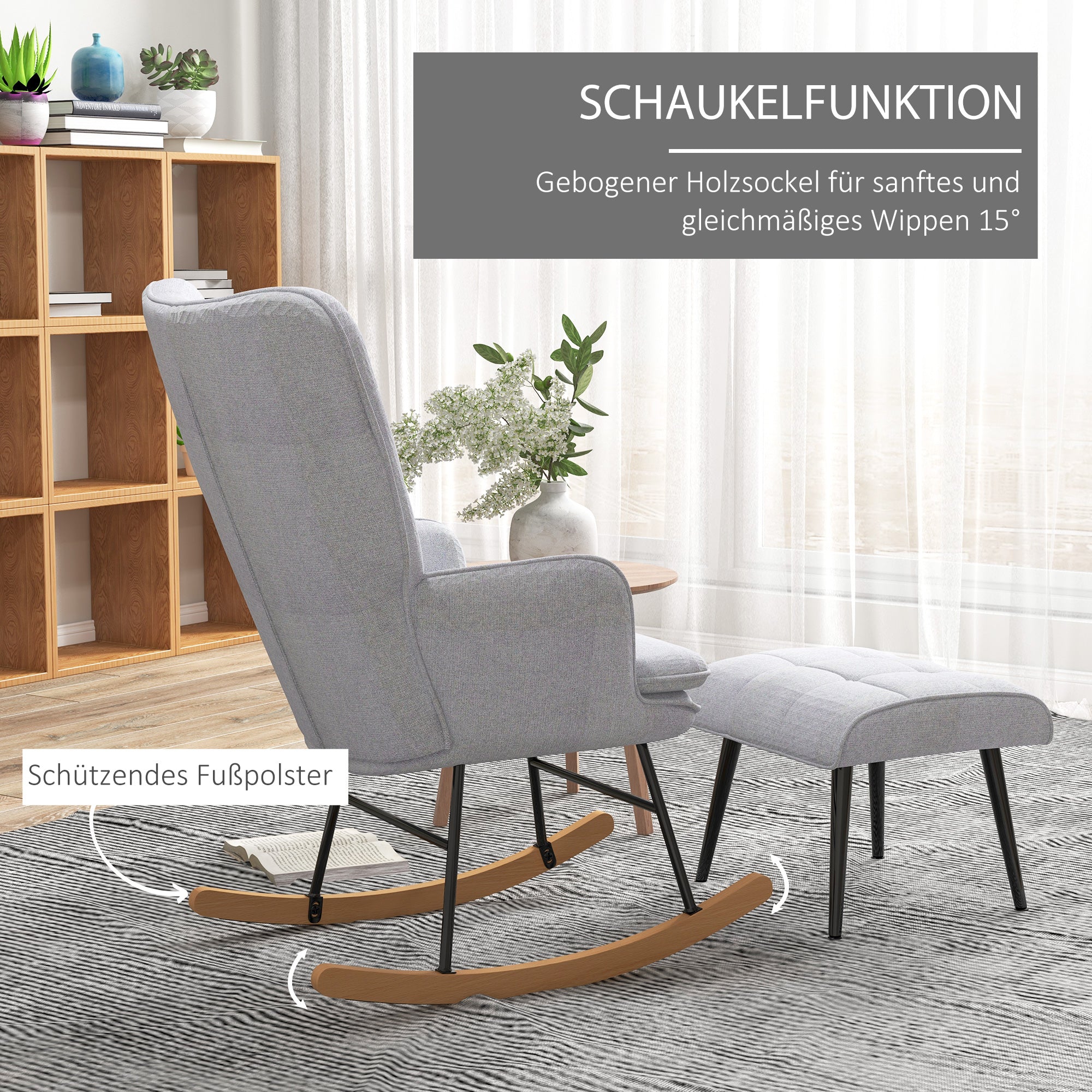 Rocking Chair Rocker with Ottoman, Armchair, Nursing Chair with Linen Look, Rocking Chair up to 130 kg load capacity for Bedroom, Living Room, Light grey
