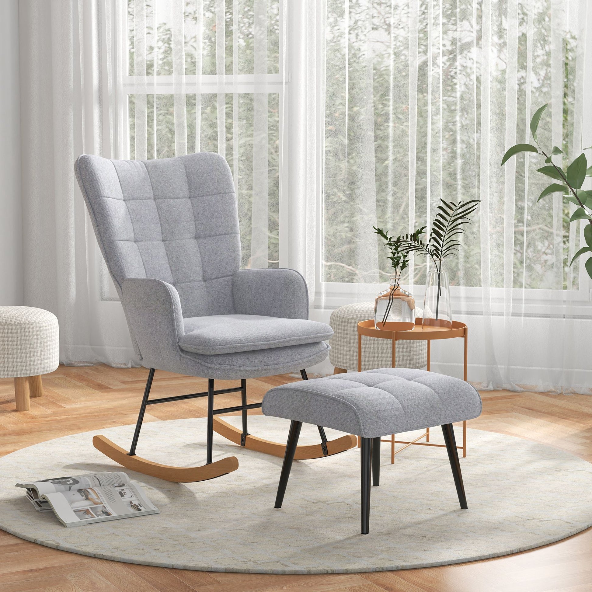 Rocking Chair Rocker with Ottoman, Armchair, Nursing Chair with Linen Look, Rocking Chair up to 130 kg load capacity for Bedroom, Living Room, Light grey