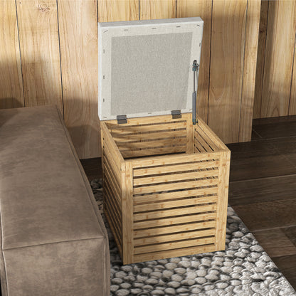 Storage Chest for Bedroom 54.7L Upholstered Storage Ottoman in Synthetic Linen with Cushion Bamboo Frame for Entryway Living Room 40x40x47 cm Gray and Natural