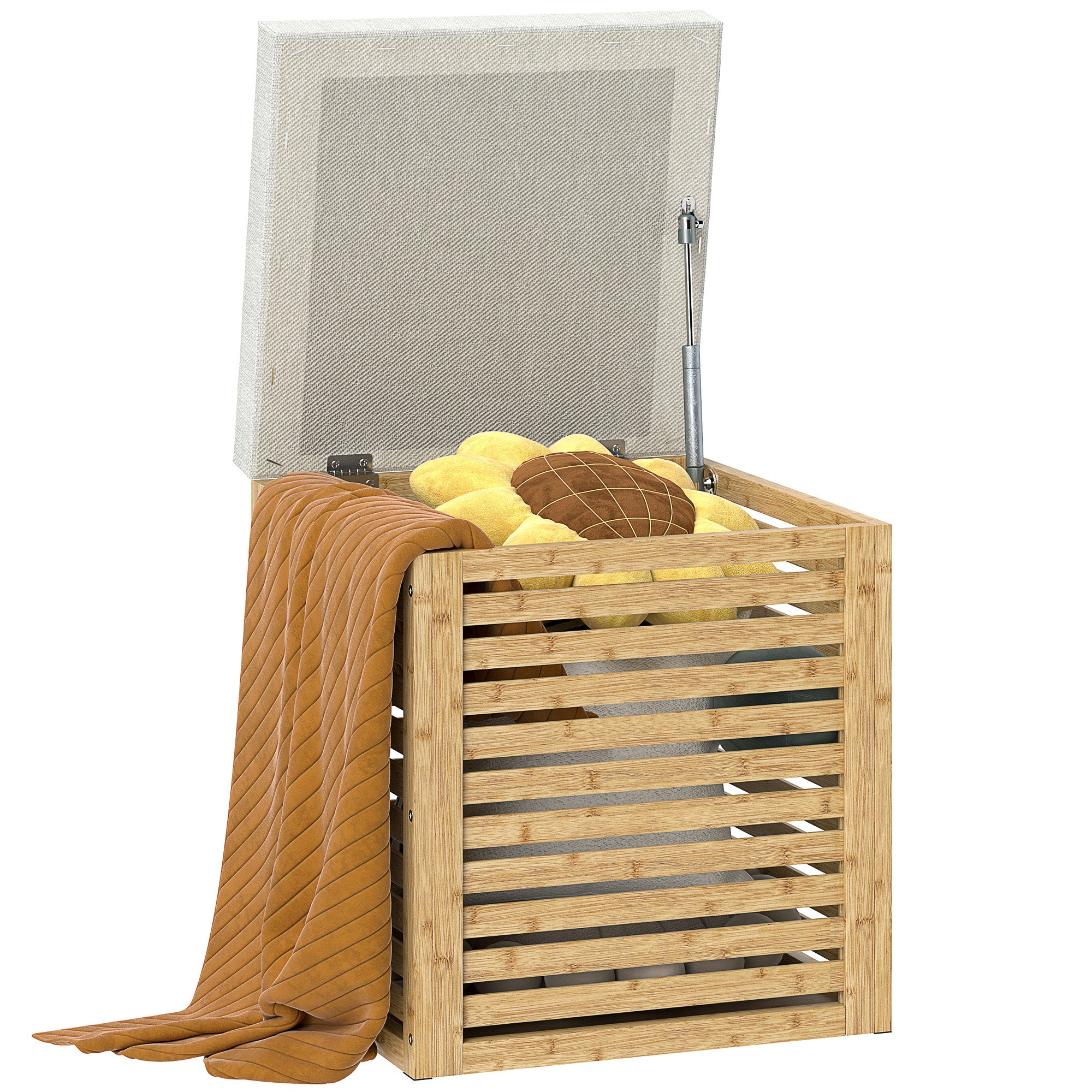 Storage Chest for Bedroom 54.7L Upholstered Storage Ottoman in Synthetic Linen with Cushion Bamboo Frame for Entryway Living Room 40x40x47 cm Gray and Natural