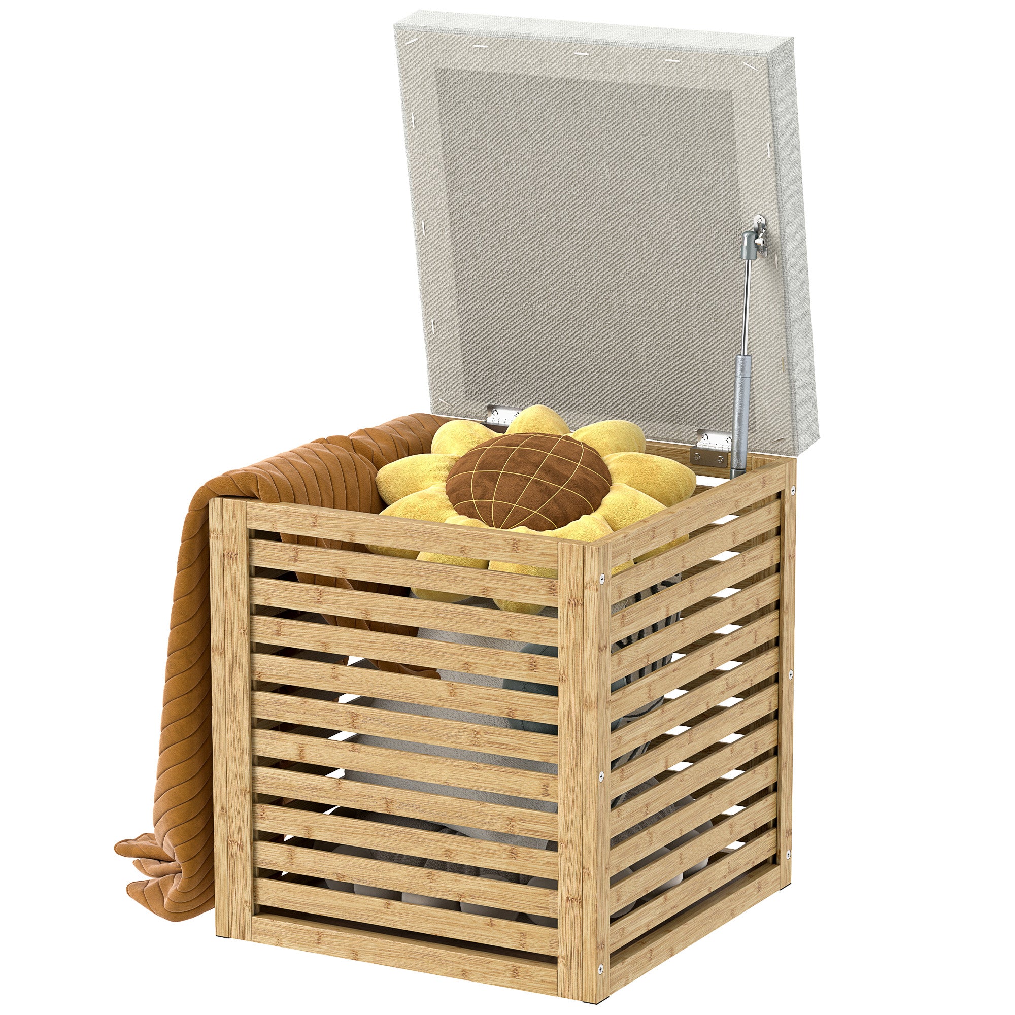 Storage Chest for Bedroom 54.7L Upholstered Storage Ottoman in Synthetic Linen with Cushion Bamboo Frame for Entryway Living Room 40x40x47 cm Gray and Natural