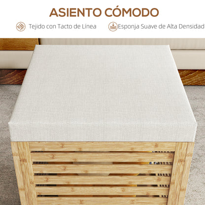 Storage Chest for Bedroom 54.7L Upholstered Storage Ottoman in Synthetic Linen with Cushion Bamboo Frame for Entryway Living Room 40x40x47 cm Gray and Natural