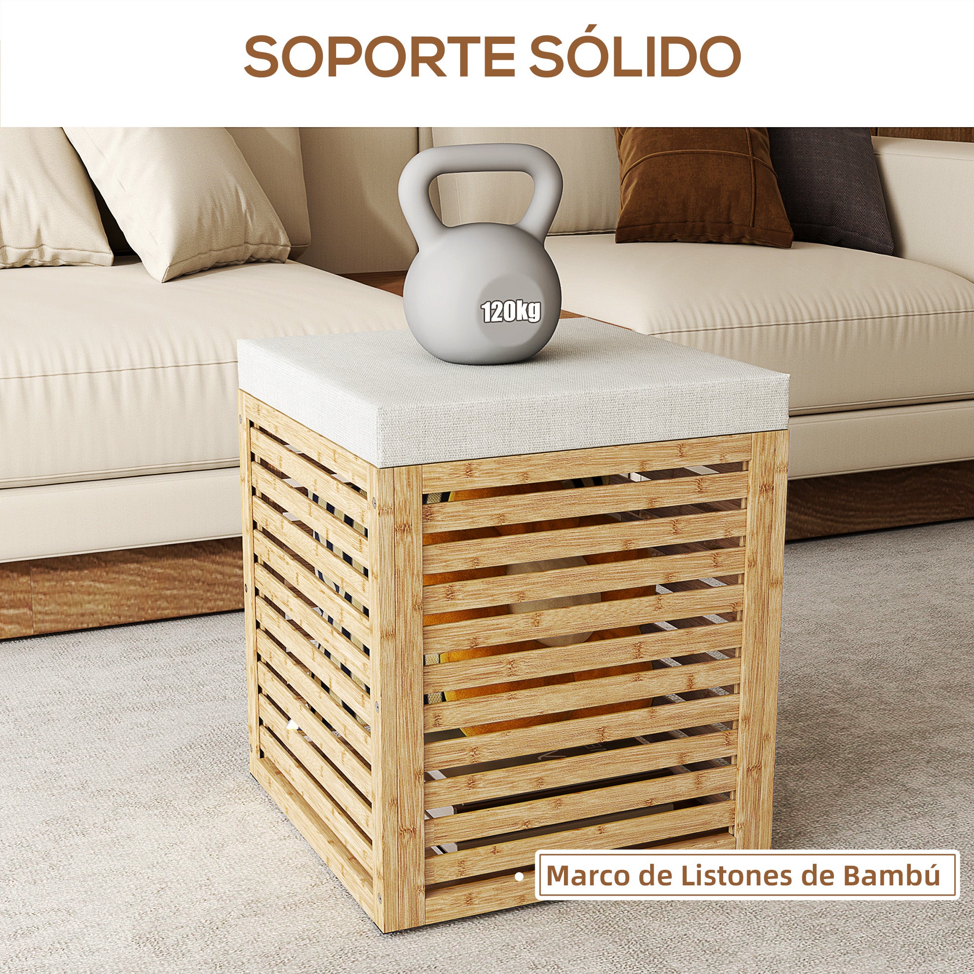 Storage Chest for Bedroom 54.7L Upholstered Storage Ottoman in Synthetic Linen with Cushion Bamboo Frame for Entryway Living Room 40x40x47 cm Gray and Natural