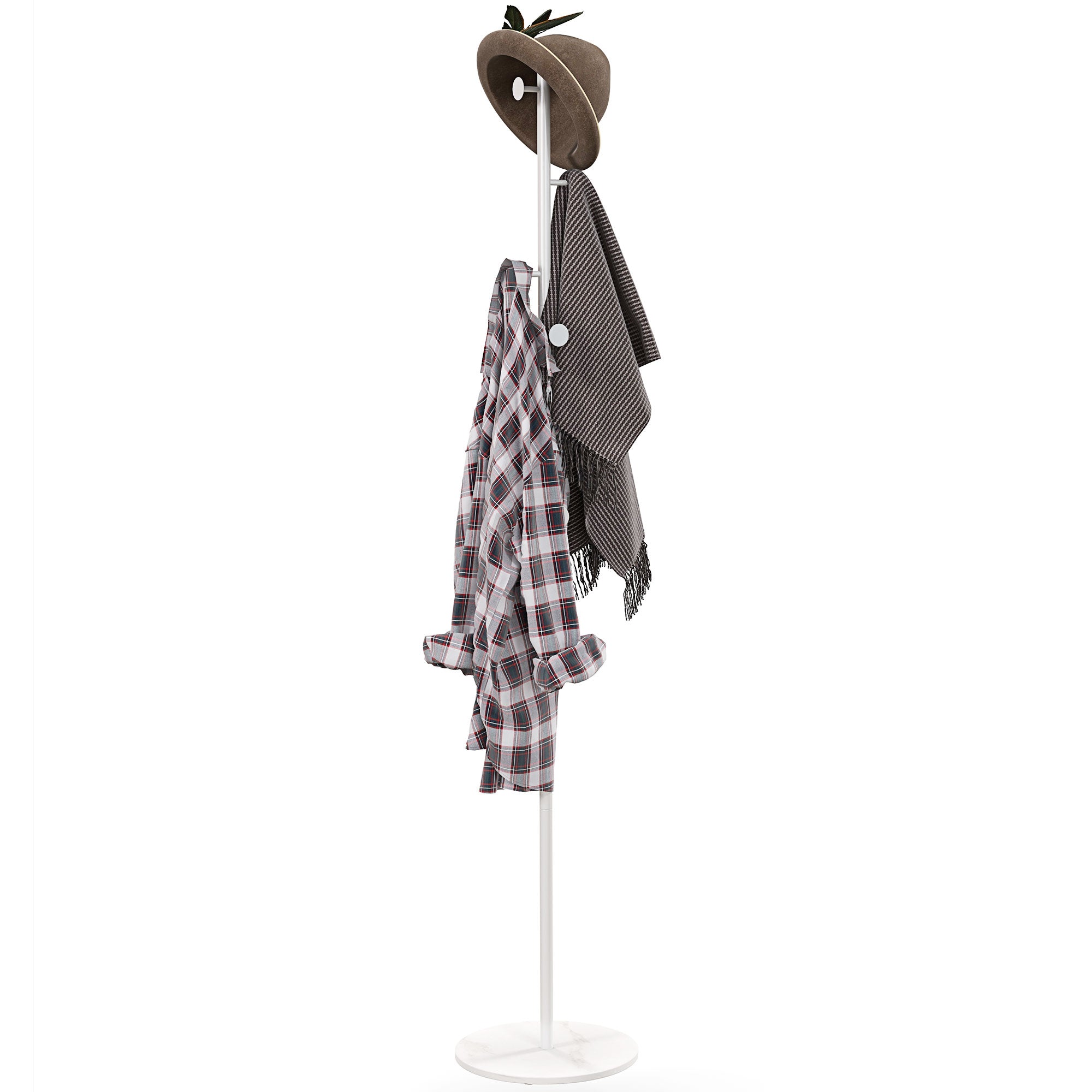 Freestanding Coat Rack with 6 Steel Disc Hooks and Slate Base, Steel Coat Stand for Entryway and Bedroom, White