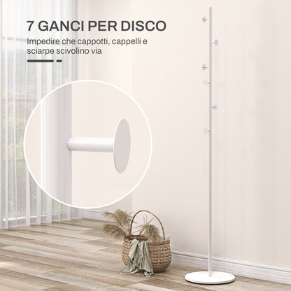 Freestanding Coat Rack with 6 Steel Disc Hooks and Slate Base, Steel Coat Stand for Entryway and Bedroom, White