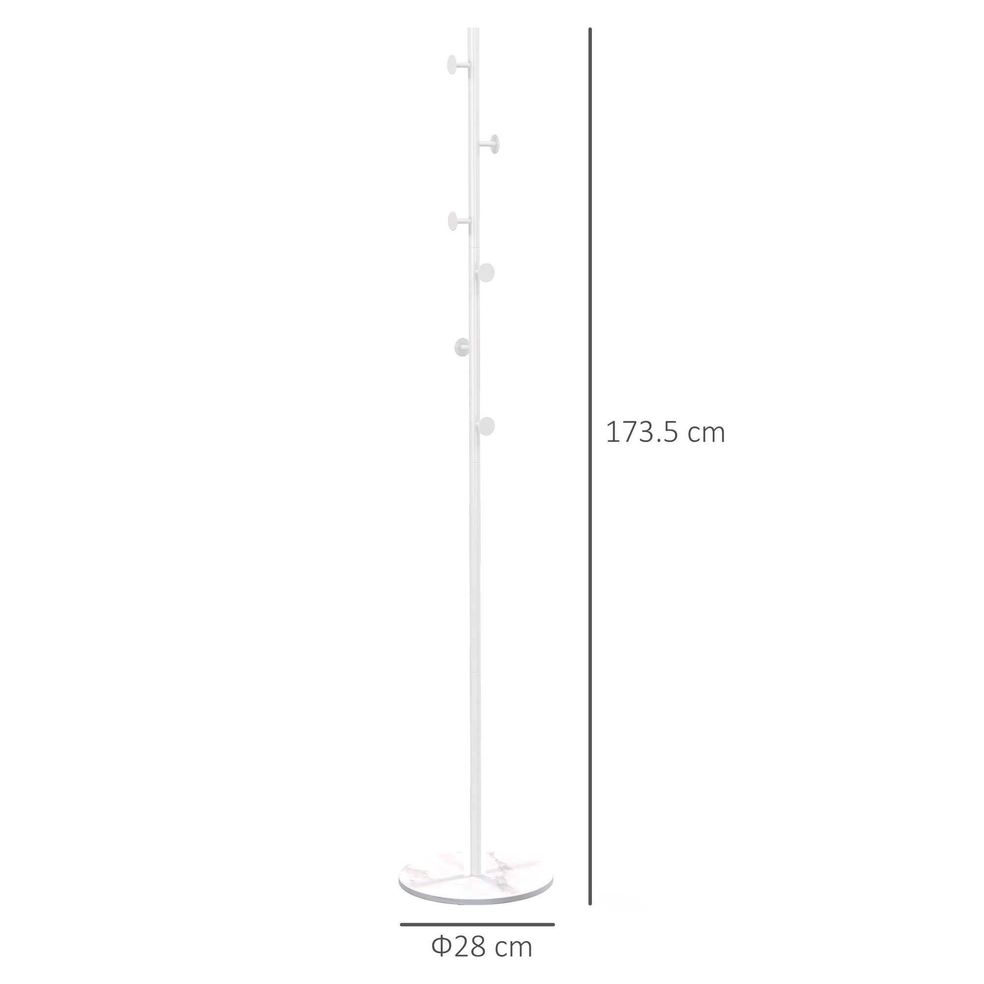 Freestanding Coat Rack with 6 Steel Disc Hooks and Slate Base, Steel Coat Stand for Entryway and Bedroom, White