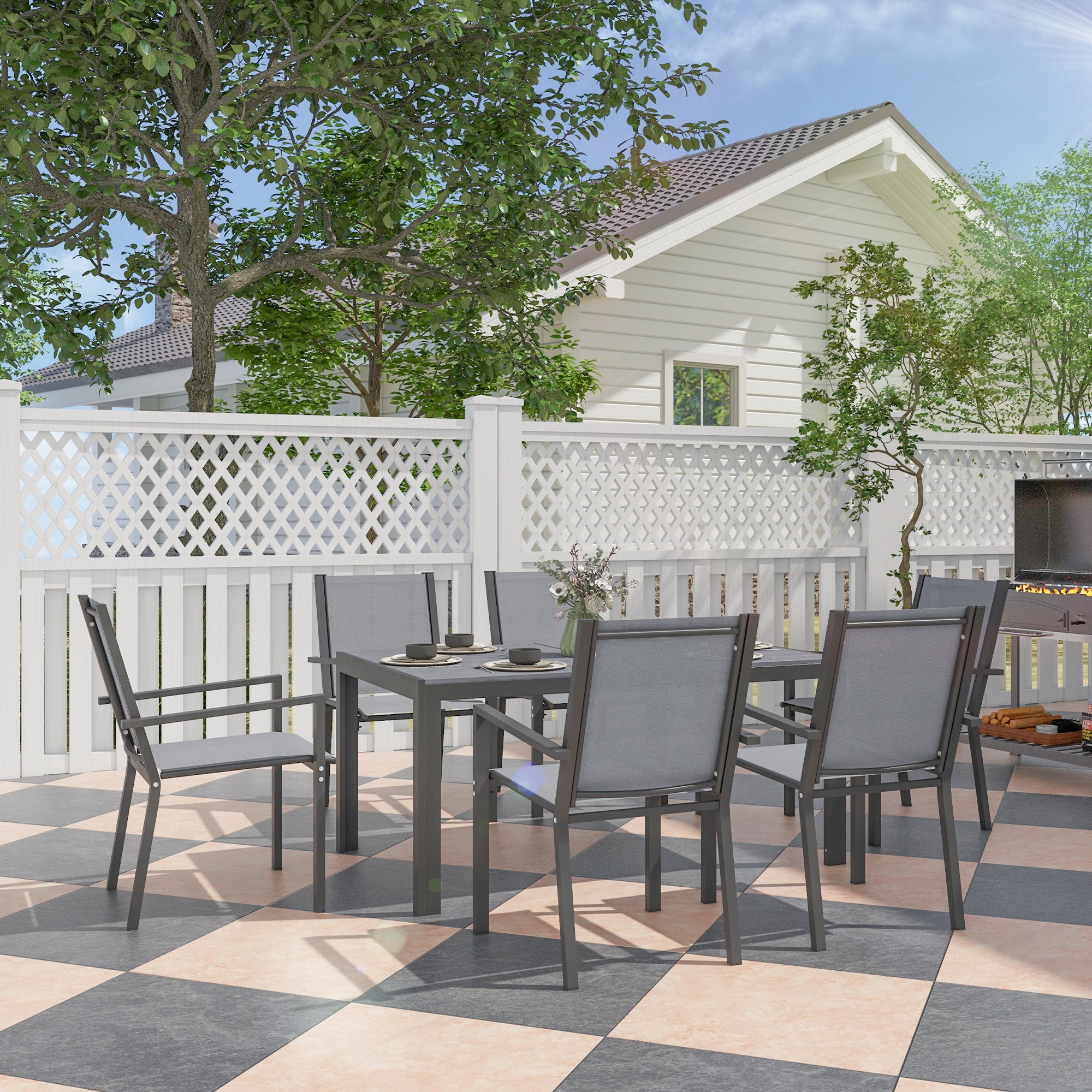 Garden Furniture Set for 6 people, Outdoor Lounge Set, Steel Frames, Stackable Chairs, High Backrests, Grey
