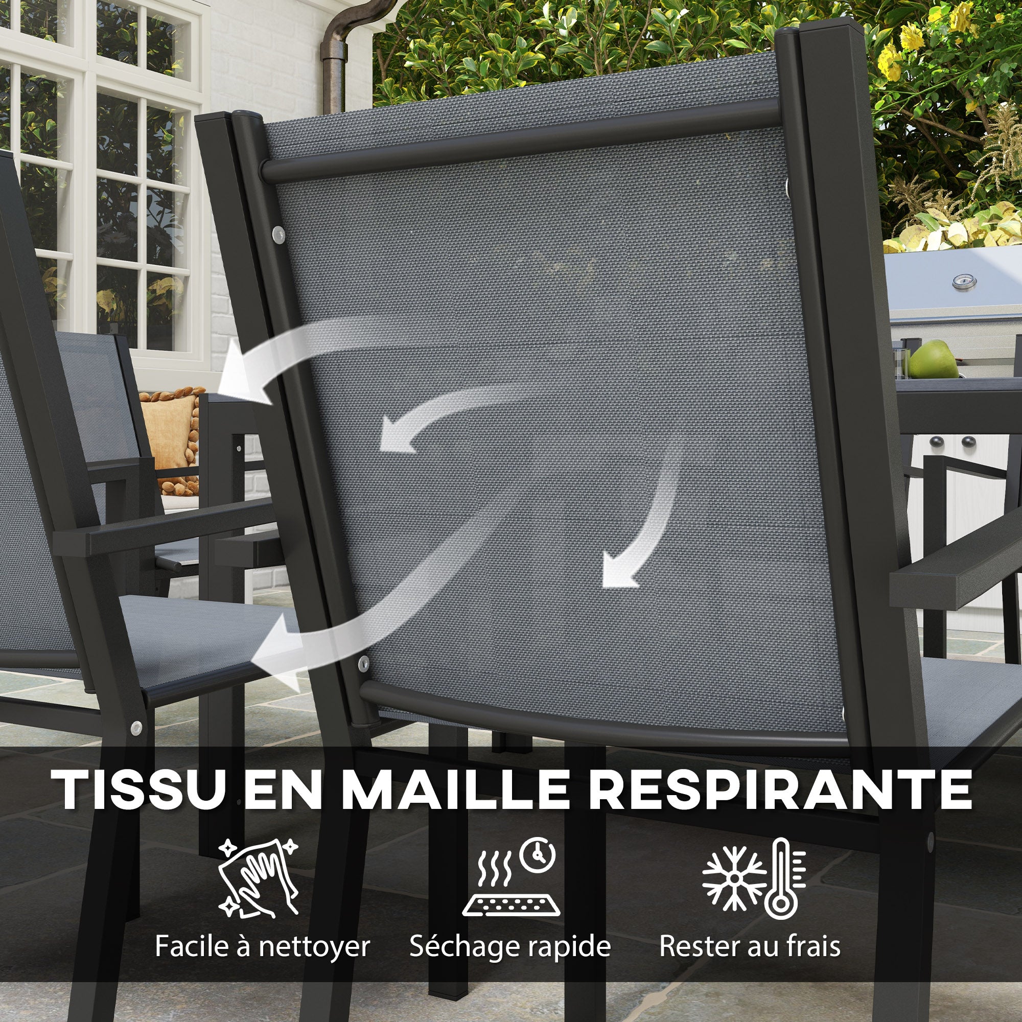 Garden Furniture Set for 6 people, Outdoor Lounge Set, Steel Frames, Stackable Chairs, High Backrests, Grey